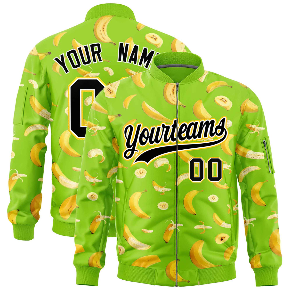 Custom Neon Green Varsity Full-Zip Banana Pattern Letterman Bomber Jacket | Graffiti Pattern | Embroidery&amp;Dye-sublimation printing | KXKSHOP