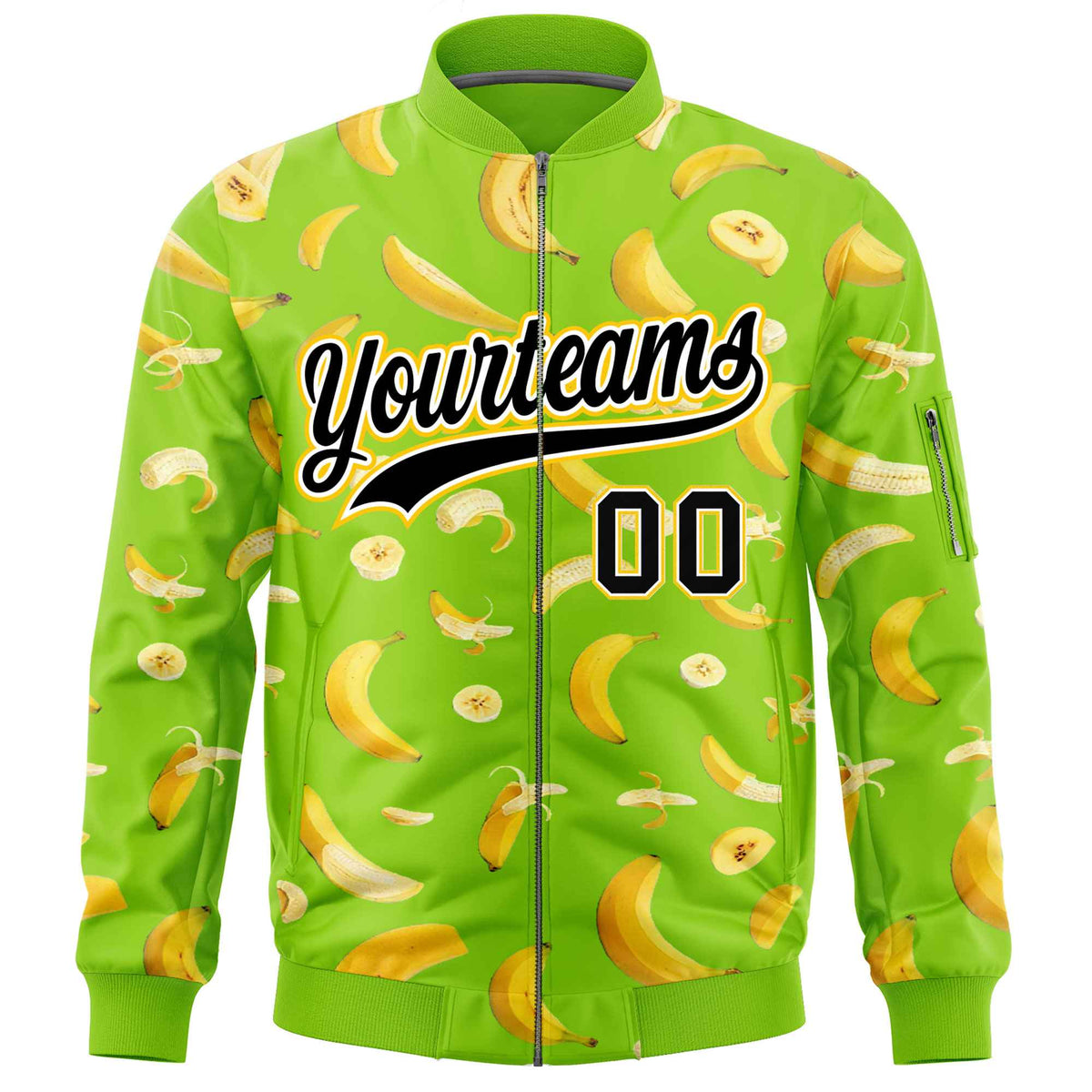 Custom Neon Green Varsity Full-Zip Banana Pattern Letterman Bomber Jacket | Graffiti Pattern | Embroidery&amp;Dye-sublimation printing | KXKSHOP