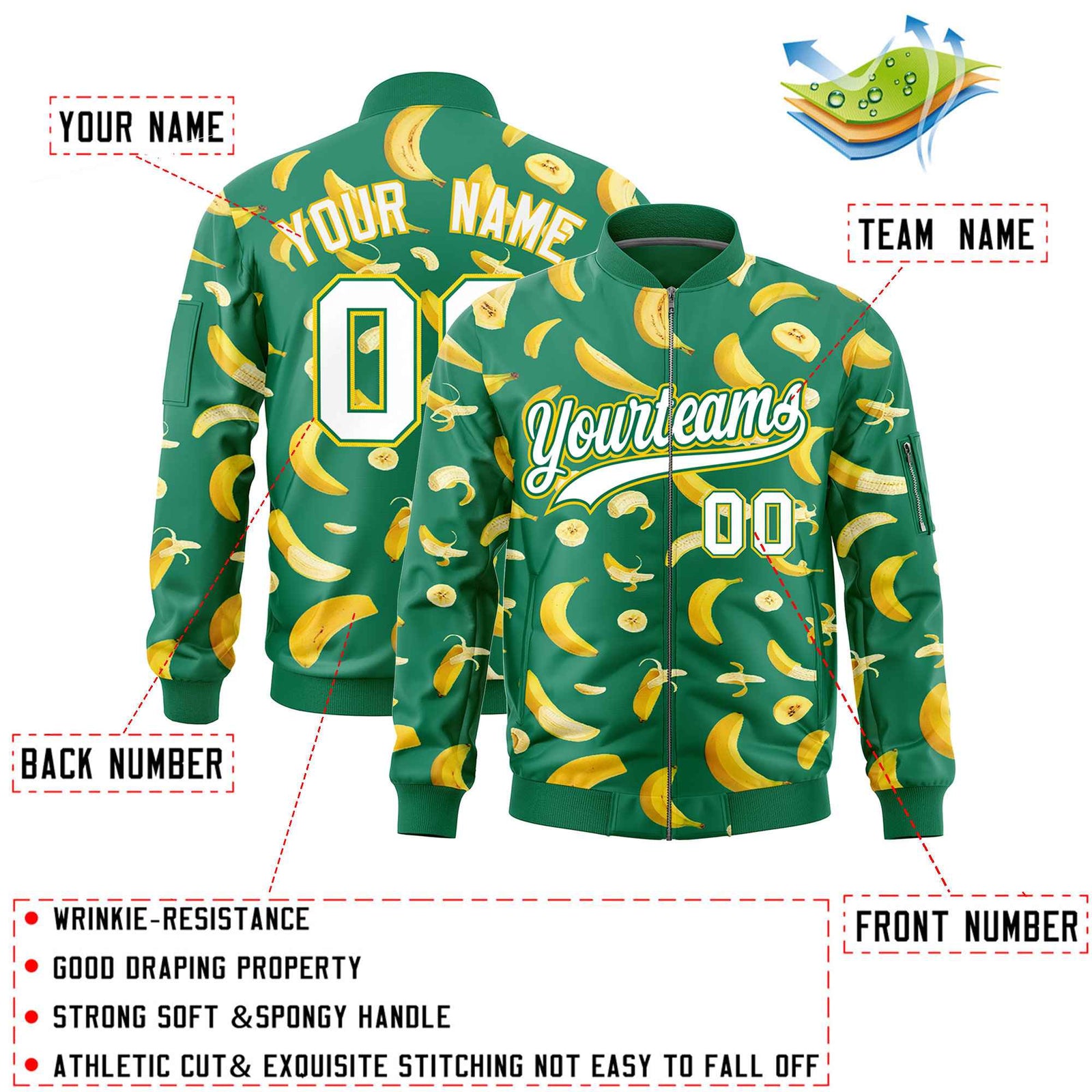 Custom Kelly Green Varsity Full-Zip Banana Pattern Letterman Bomber Jacket | Graffiti Pattern | Embroidery&Dye-sublimation printing | KXKSHOP