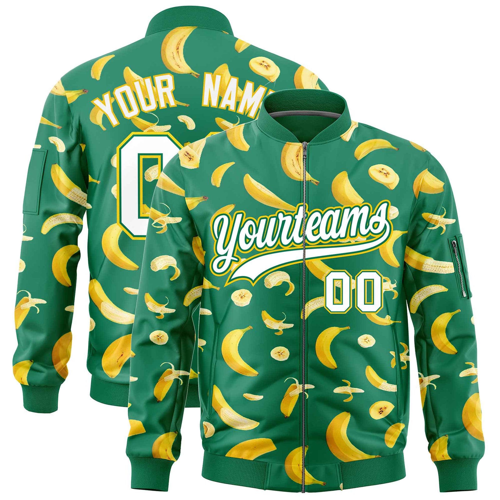 Custom Kelly Green Varsity Full-Zip Banana Pattern Letterman Bomber Jacket | Graffiti Pattern | Embroidery&Dye-sublimation printing | KXKSHOP