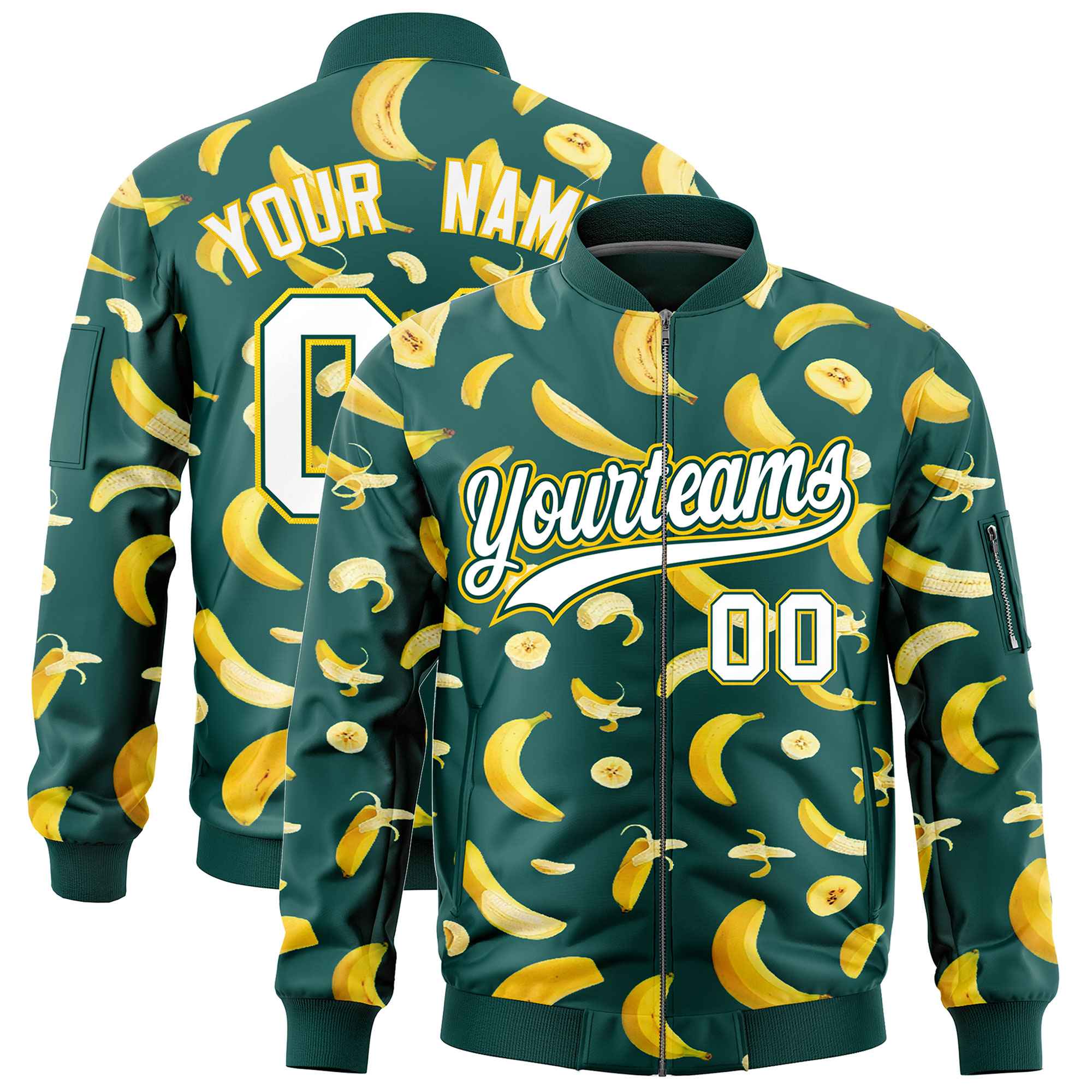 Custom Midnight Green Varsity Full-Zip Banana Pattern Letterman Bomber Jacket | Graffiti Pattern | Embroidery&Dye-sublimation printing | KXKSHOP