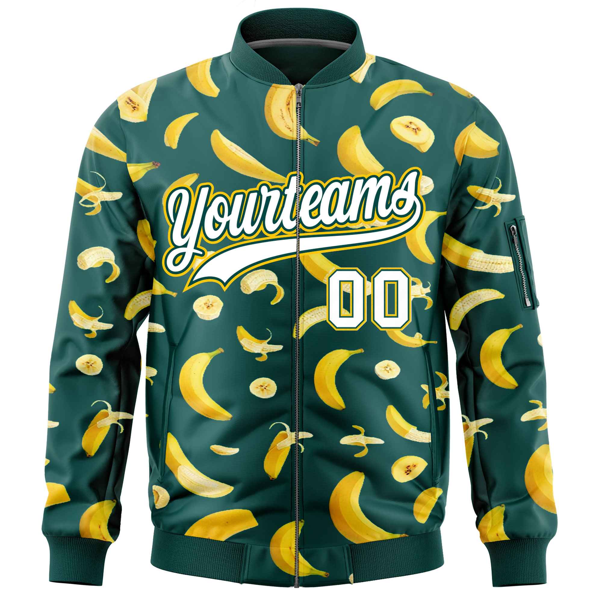 Custom Midnight Green Varsity Full-Zip Banana Pattern Letterman Bomber Jacket | Graffiti Pattern | Embroidery&Dye-sublimation printing | KXKSHOP