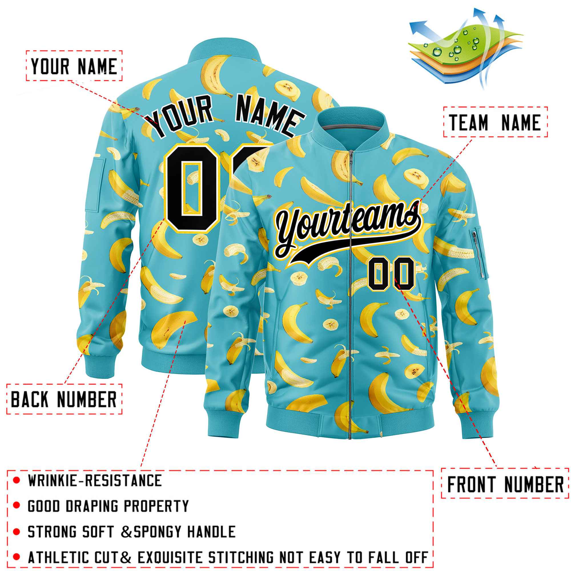 Custom Sky Blue Varsity Full-Zip Banana Pattern Letterman Bomber Jacket | Graffiti Pattern | Embroidery&Dye-sublimation printing | KXKSHOP