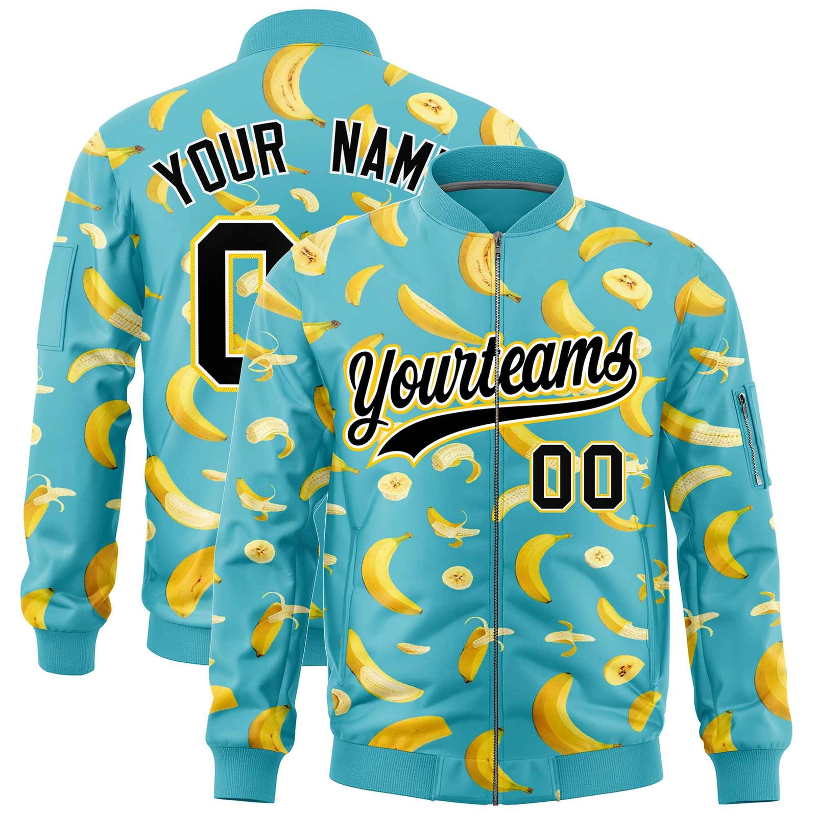 Custom Sky Blue Varsity Full-Zip Banana Pattern Letterman Bomber Jacket | Graffiti Pattern | Embroidery&Dye-sublimation printing | KXKSHOP