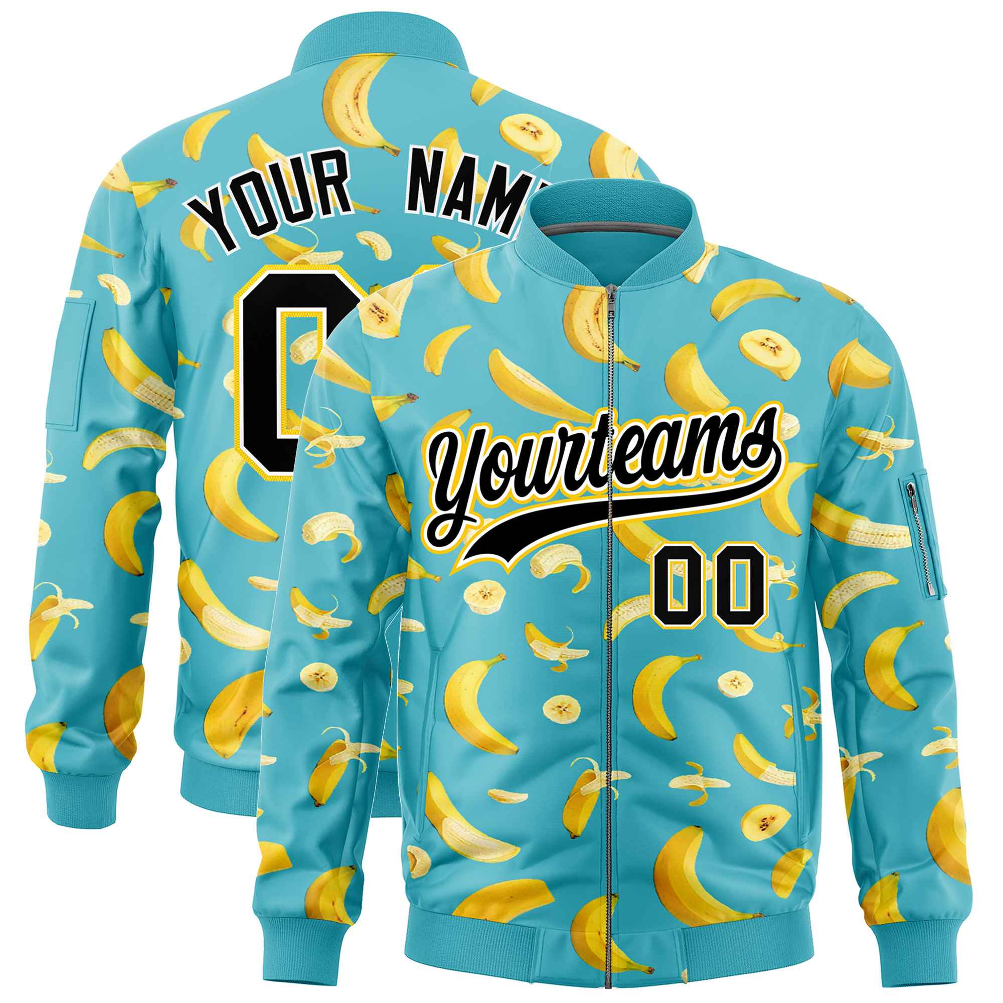 Custom Sky Blue Varsity Full-Zip Banana Pattern Letterman Bomber Jacket | Graffiti Pattern | Embroidery&Dye-sublimation printing | KXKSHOP