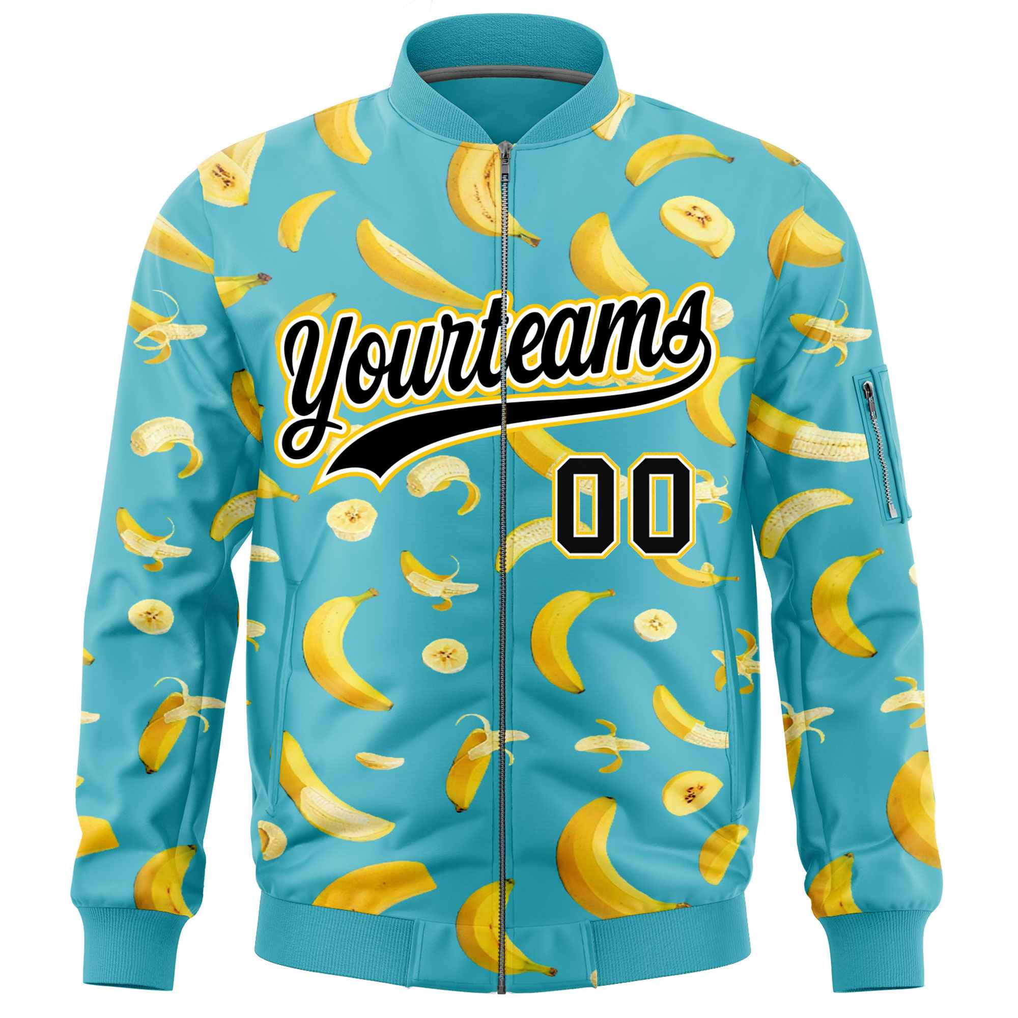 Custom Sky Blue Varsity Full-Zip Banana Pattern Letterman Bomber Jacket | Graffiti Pattern | Embroidery&Dye-sublimation printing | KXKSHOP