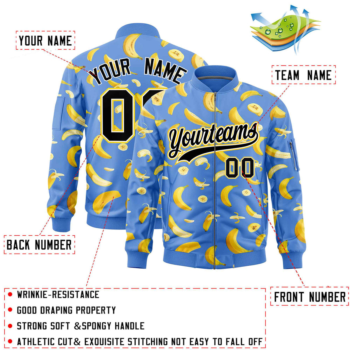 Custom Powder Blue Varsity Full-Zip Banana Pattern Letterman Bomber Jacket | Graffiti Pattern | Embroidery&amp;Dye-sublimation printing | KXKSHOP