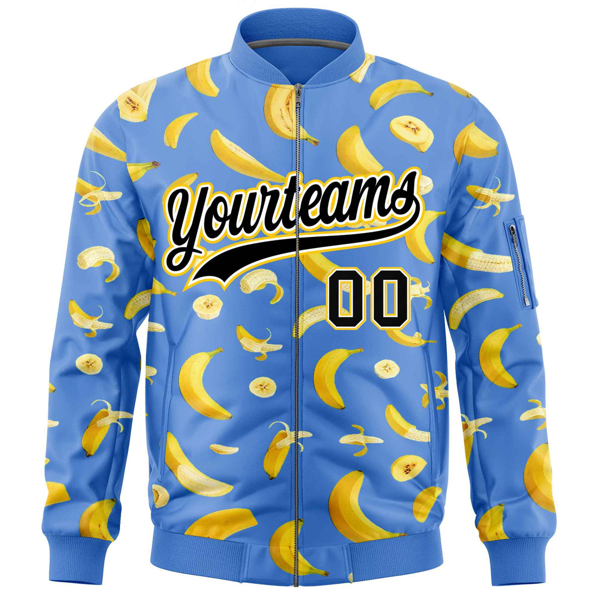 Custom Powder Blue Varsity Full-Zip Banana Pattern Letterman Bomber Jacket | Graffiti Pattern | Embroidery&amp;Dye-sublimation printing | KXKSHOP