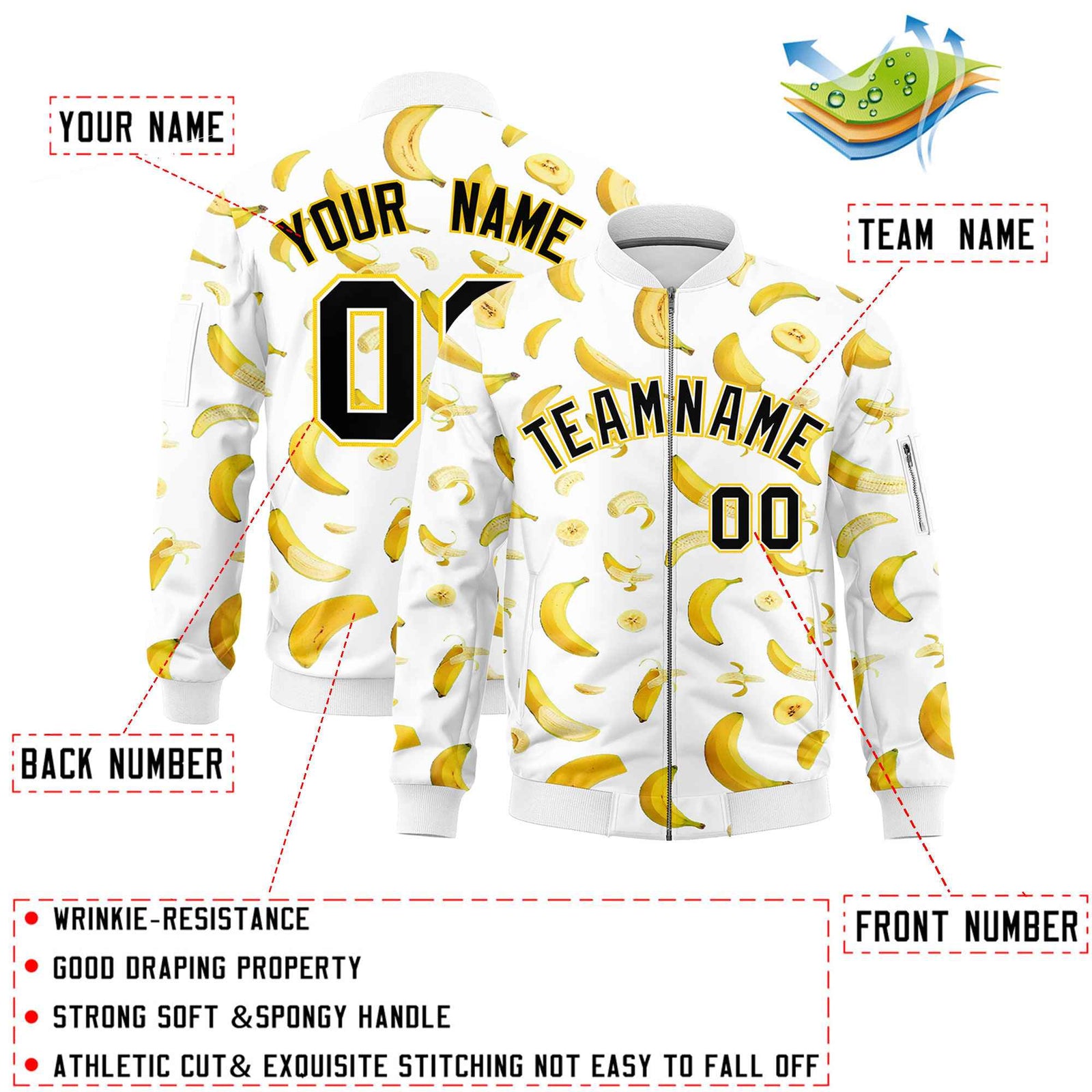 Custom White Varsity Full-Zip Banana Pattern Letterman Bomber Jacket | Graffiti Pattern | Embroidery&Dye-sublimation printing | KXKSHOP
