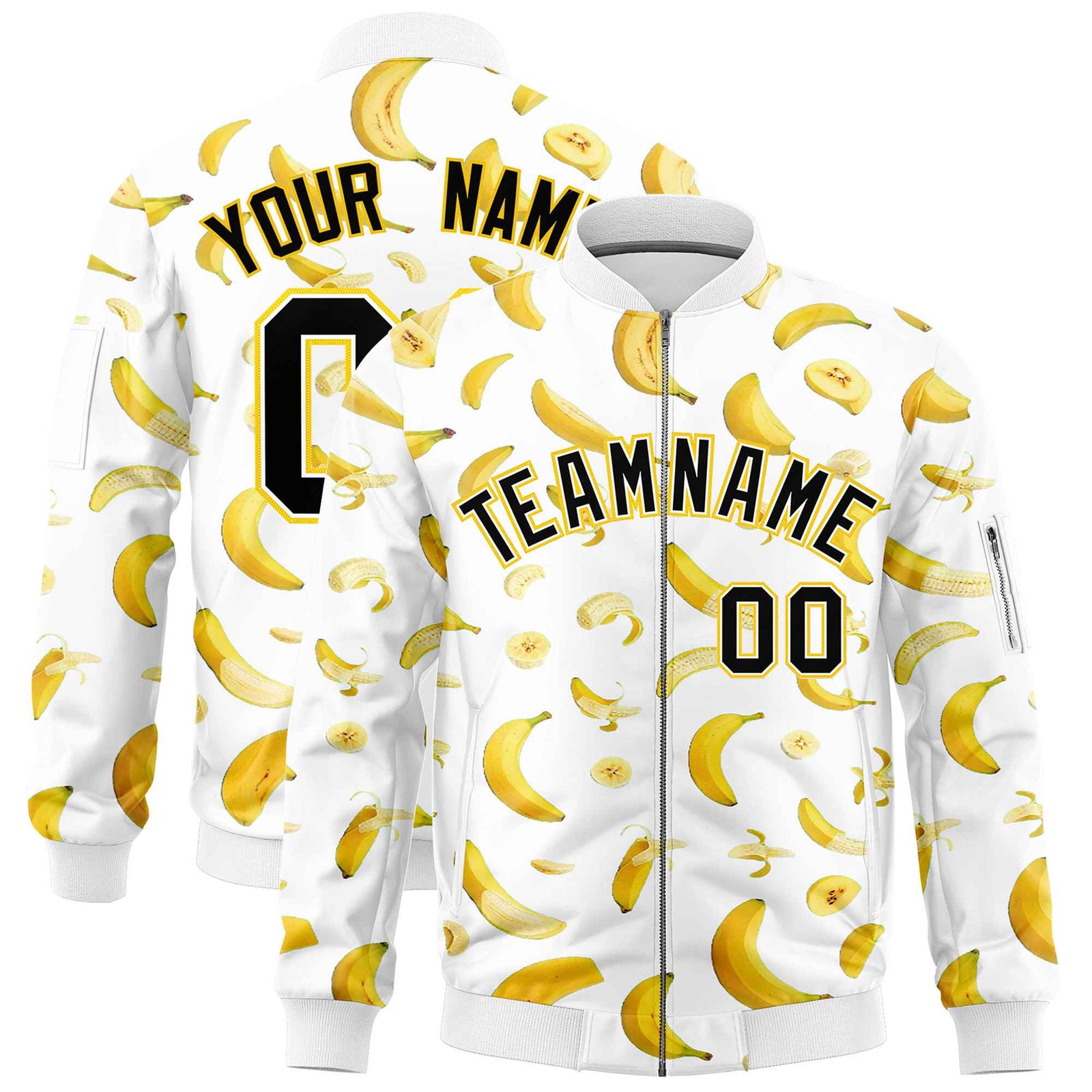 Custom White Varsity Full-Zip Banana Pattern Letterman Bomber Jacket | Graffiti Pattern | Embroidery&Dye-sublimation printing | KXKSHOP