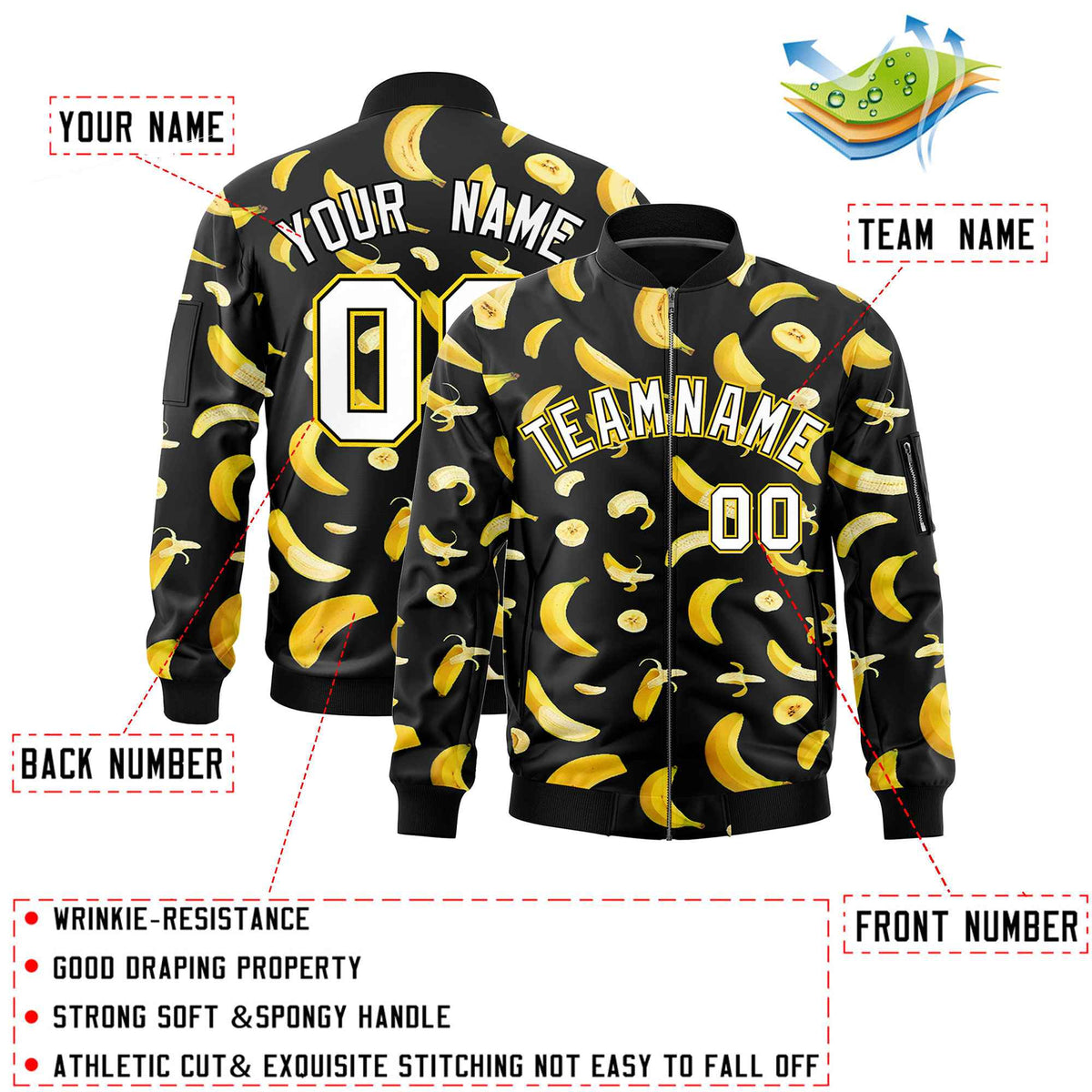 Custom Black Varsity Full-Zip Banana Pattern Letterman Bomber Jacket | Graffiti Pattern | Embroidery&amp;Dye-sublimation printing | KXKSHOP