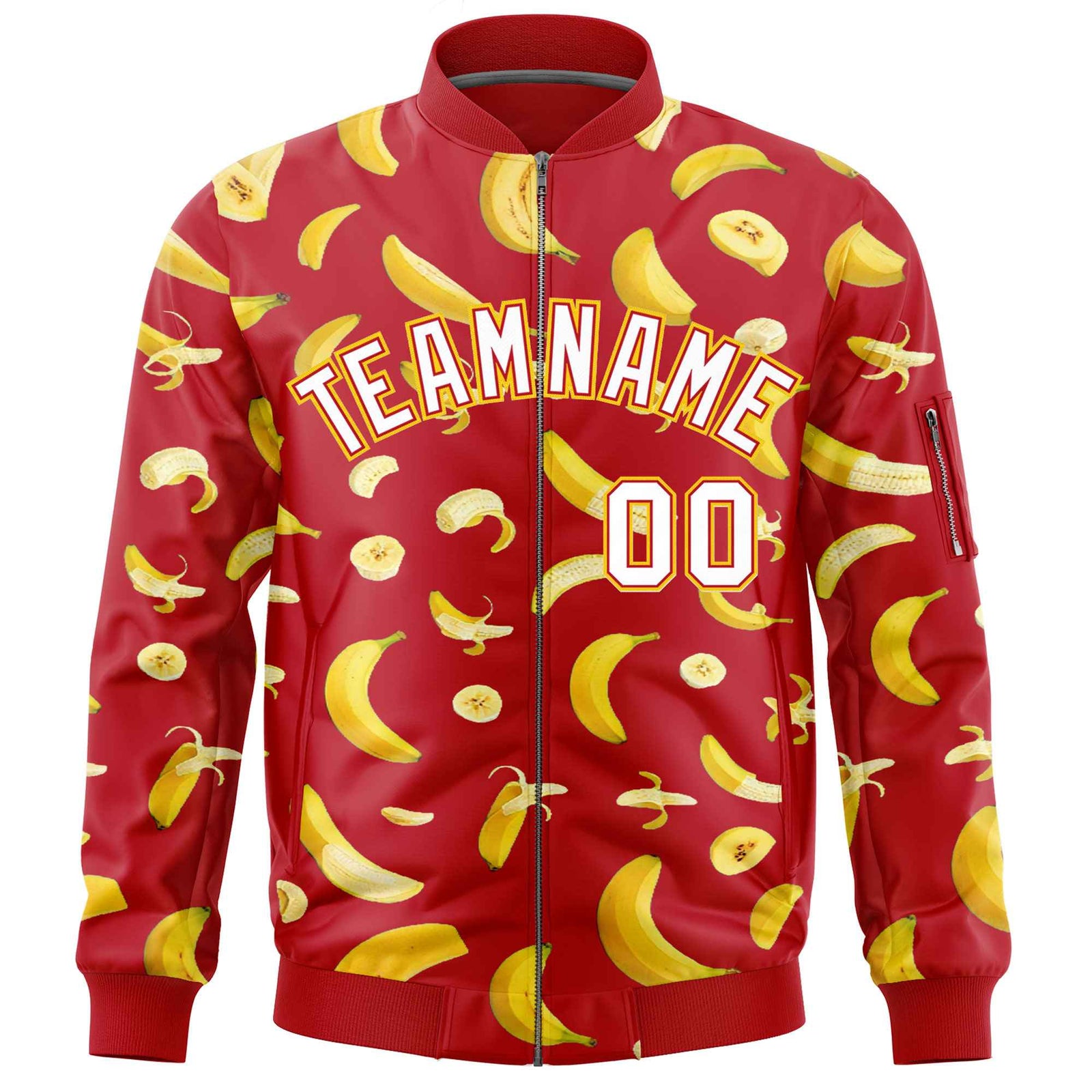 Custom Red Varsity Full-Zip Banana Pattern Letterman Bomber Jacket | Graffiti Pattern | Embroidery&Dye-sublimation printing | KXKSHOP
