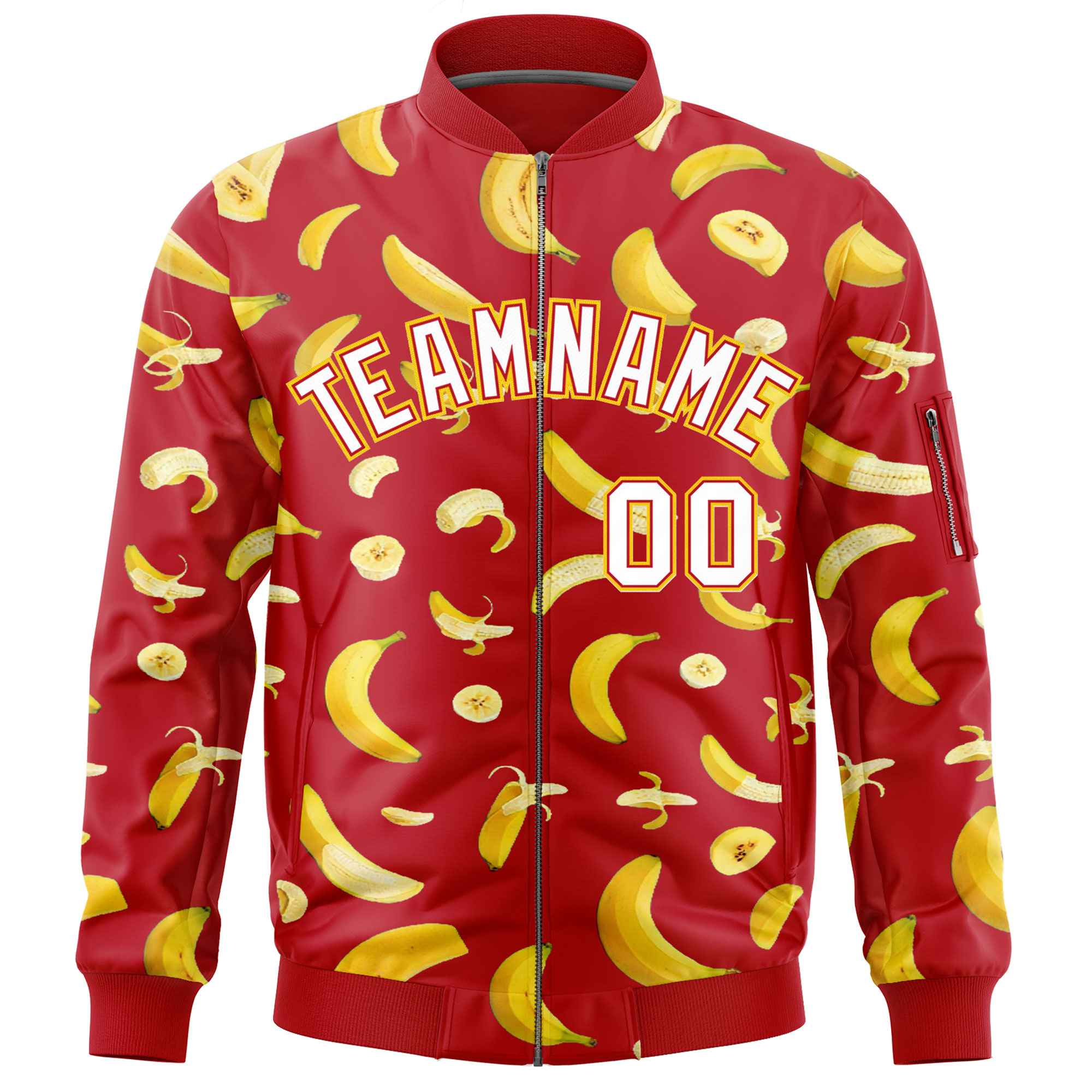 Custom Red Varsity Full-Zip Banana Pattern Letterman Bomber Jacket | Graffiti Pattern | Embroidery&Dye-sublimation printing | KXKSHOP