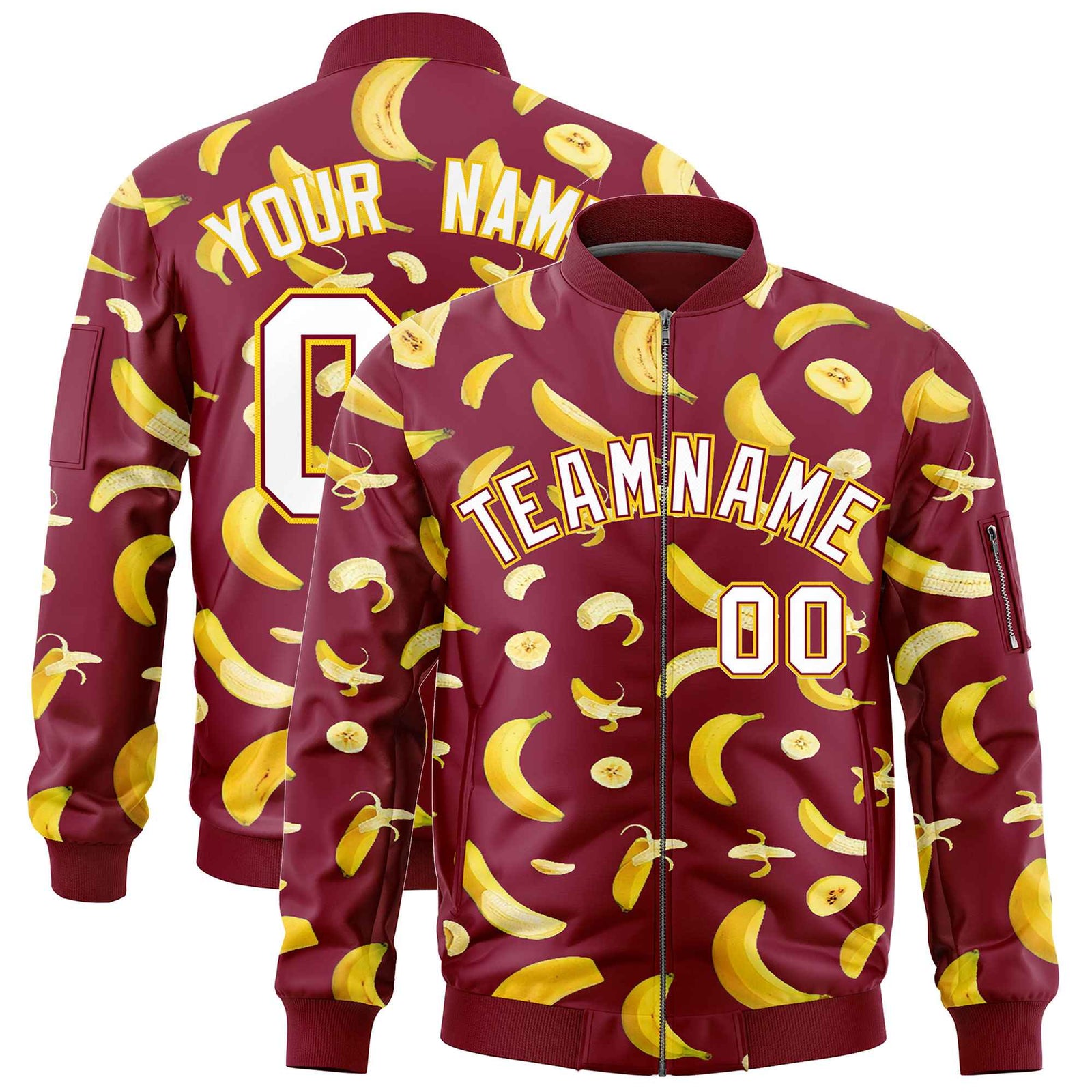 Custom Crimson Varsity Full-Zip Banana Pattern Letterman Bomber Jacket | Graffiti Pattern | Embroidery&Dye-sublimation printing | KXKSHOP