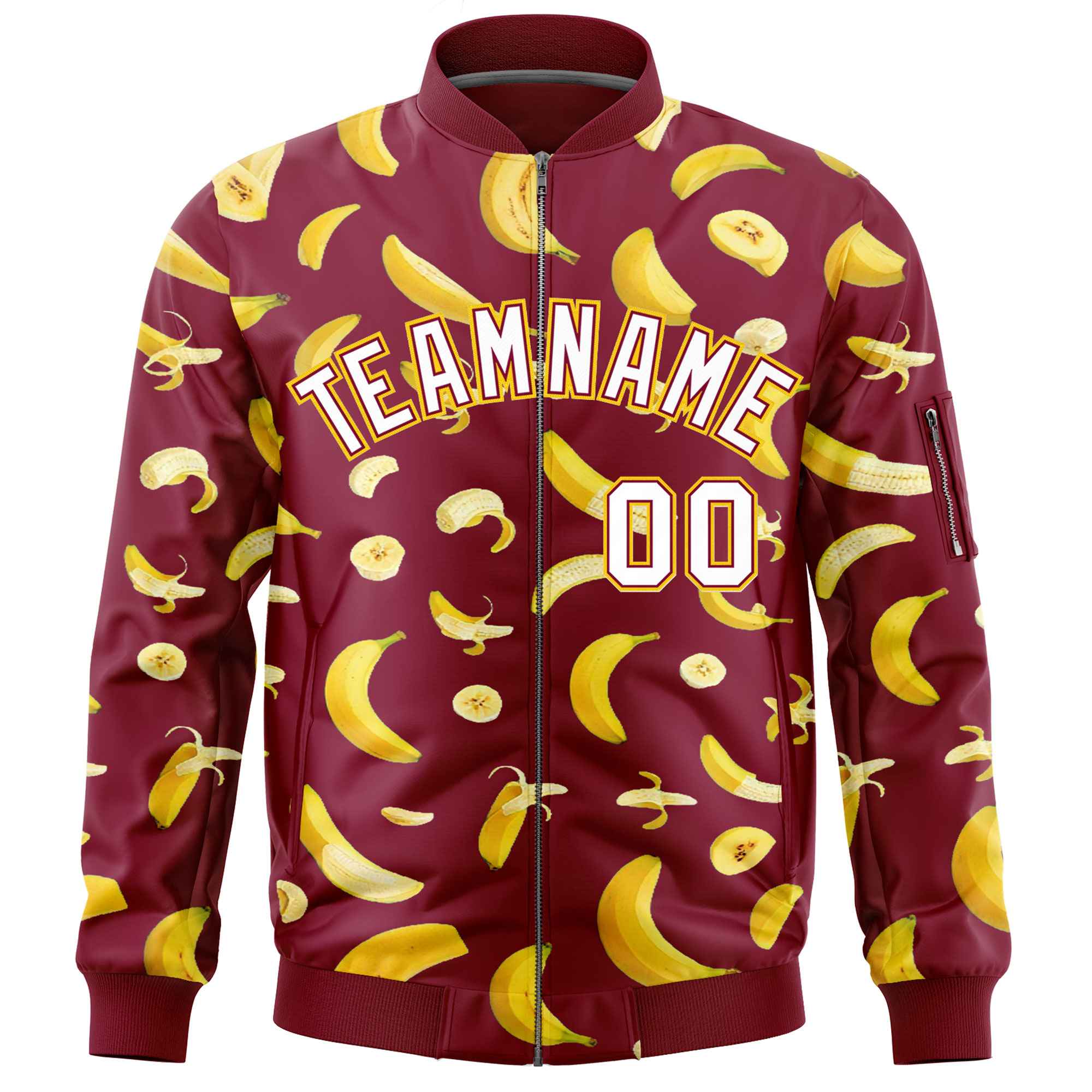 Custom Crimson Varsity Full-Zip Banana Pattern Letterman Bomber Jacket | Graffiti Pattern | Embroidery&Dye-sublimation printing | KXKSHOP