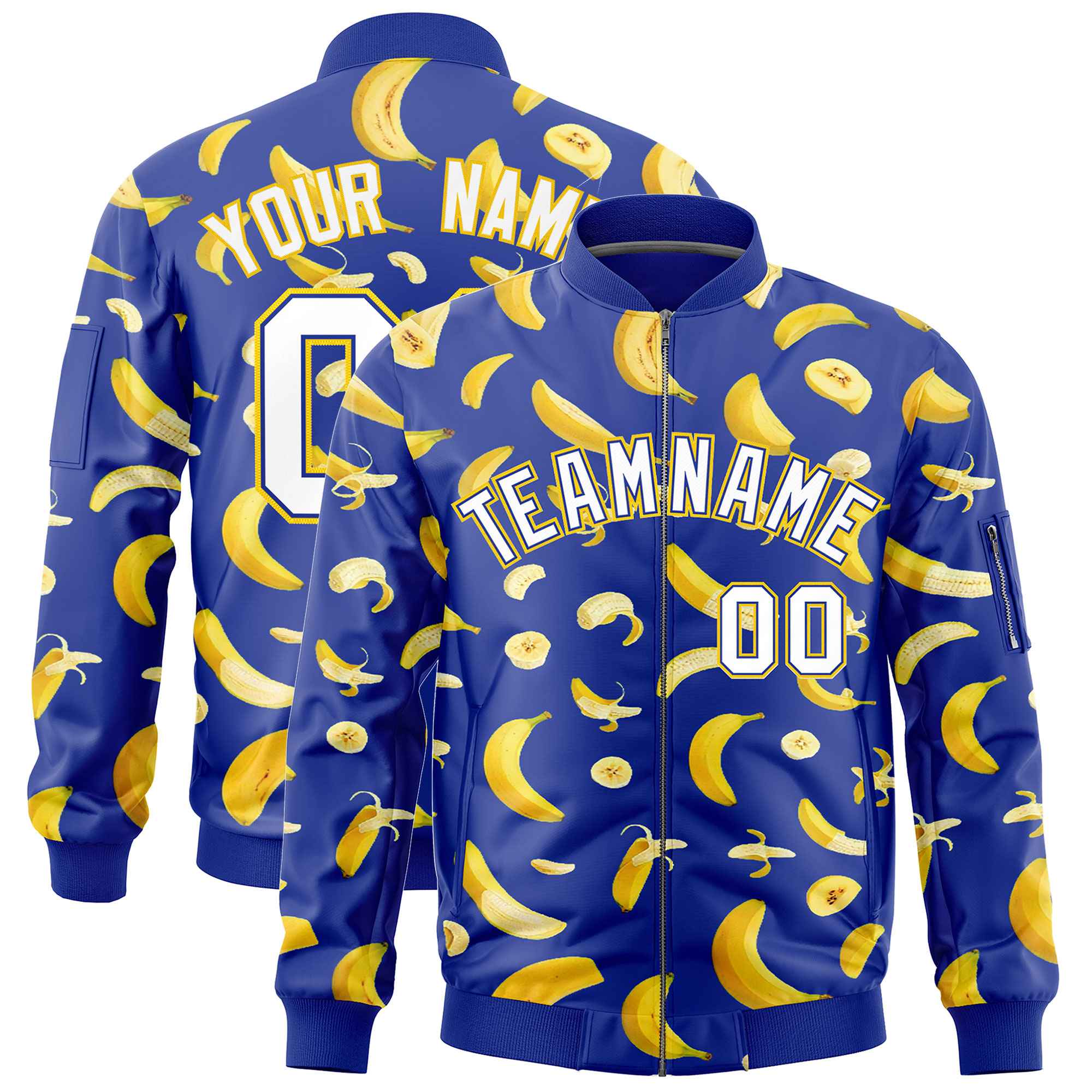 Custom Royal Blue Varsity Full-Zip Banana Pattern Letterman Bomber Jacket | Graffiti Pattern | Embroidery&Dye-sublimation printing | KXKSHOP