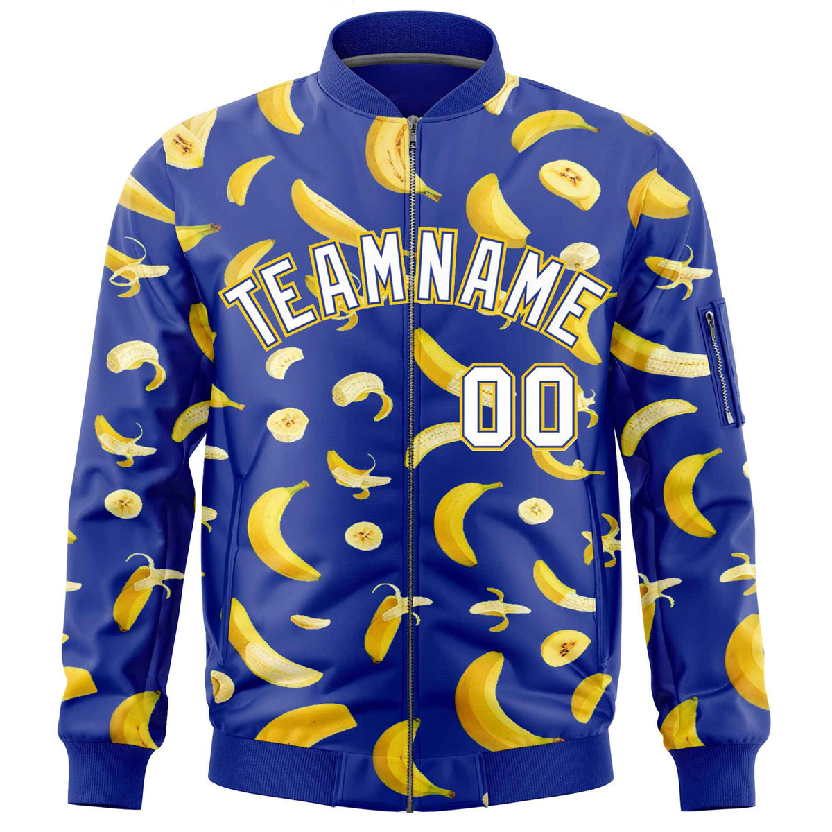 Custom Royal Blue Varsity Full-Zip Banana Pattern Letterman Bomber Jacket | Graffiti Pattern | Embroidery&amp;Dye-sublimation printing | KXKSHOP
