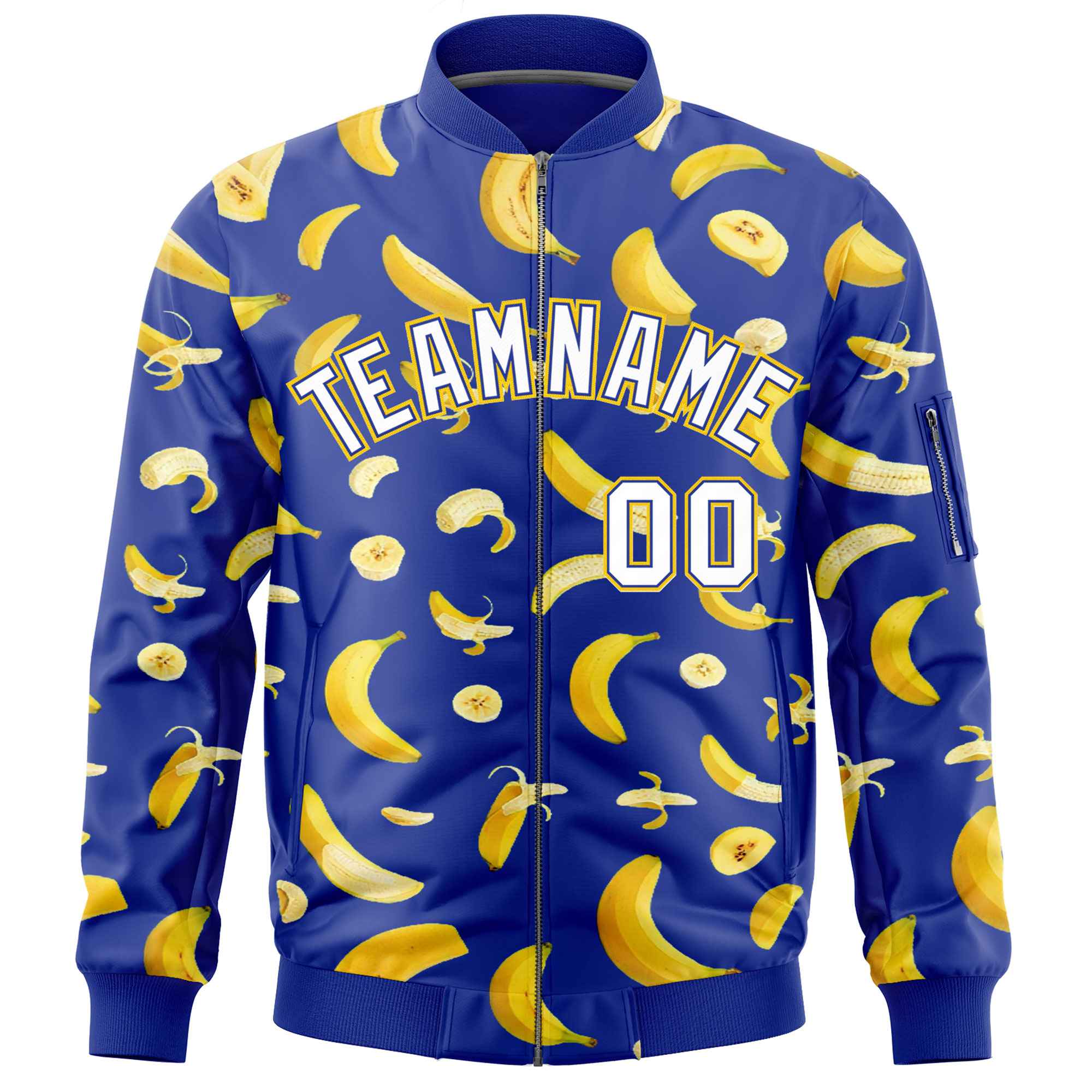 Custom Royal Blue Varsity Full-Zip Banana Pattern Letterman Bomber Jacket | Graffiti Pattern | Embroidery&Dye-sublimation printing | KXKSHOP