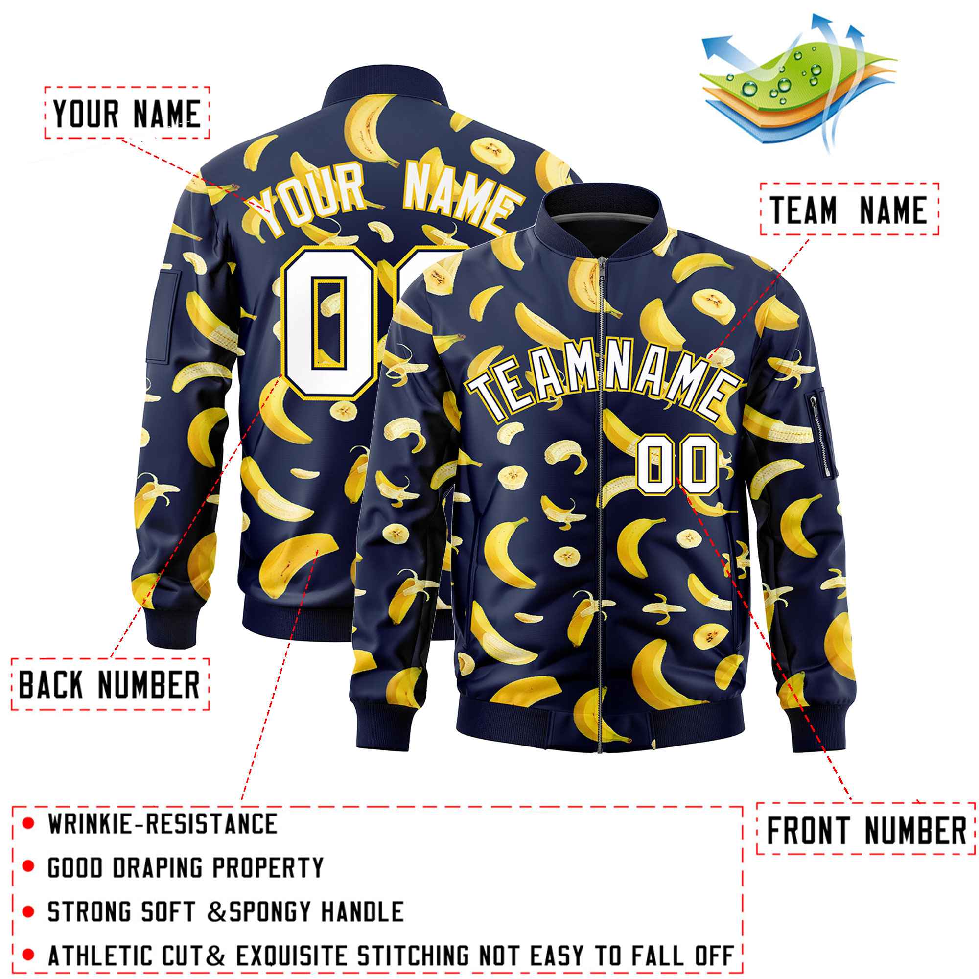 Custom Navy Varsity Full-Zip Banana Pattern Letterman Bomber Jacket | Graffiti Pattern | Embroidery&Dye-sublimation printing | KXKSHOP