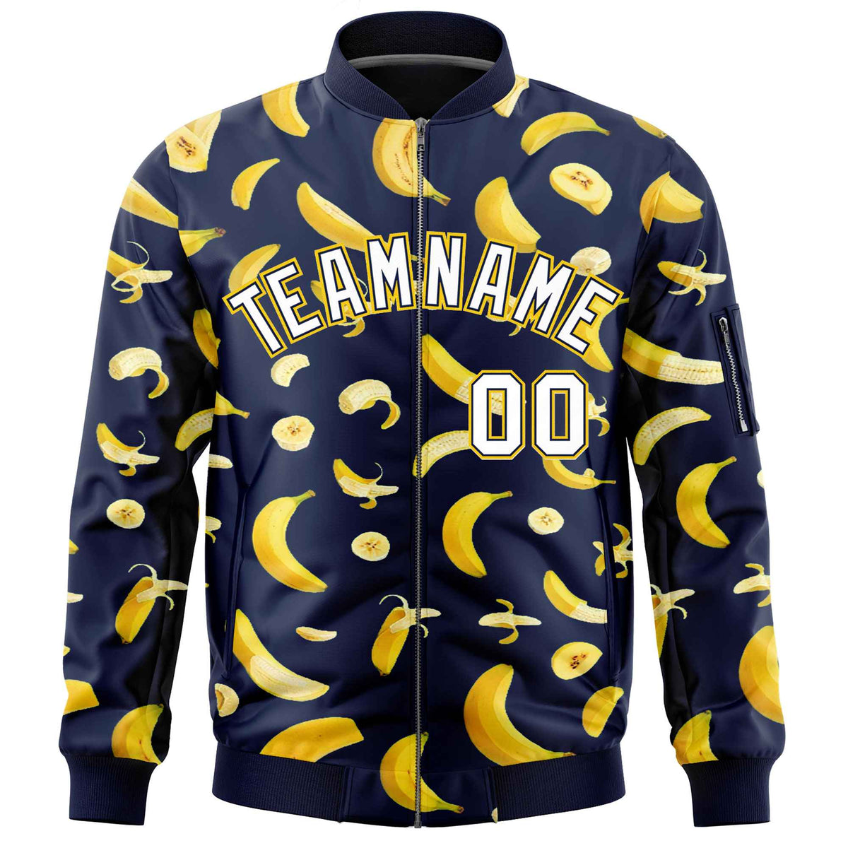 Custom Navy Varsity Full-Zip Banana Pattern Letterman Bomber Jacket | Graffiti Pattern | Embroidery&amp;Dye-sublimation printing | KXKSHOP
