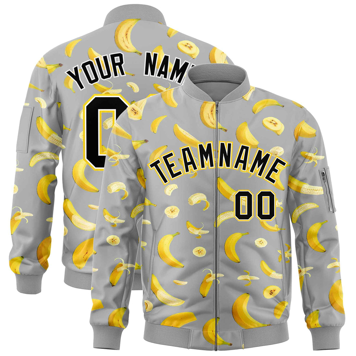 Custom Gray Varsity Full-Zip Banana Pattern Letterman Bomber Jacket | Graffiti Pattern | Embroidery&amp;Dye-sublimation printing | KXKSHOP
