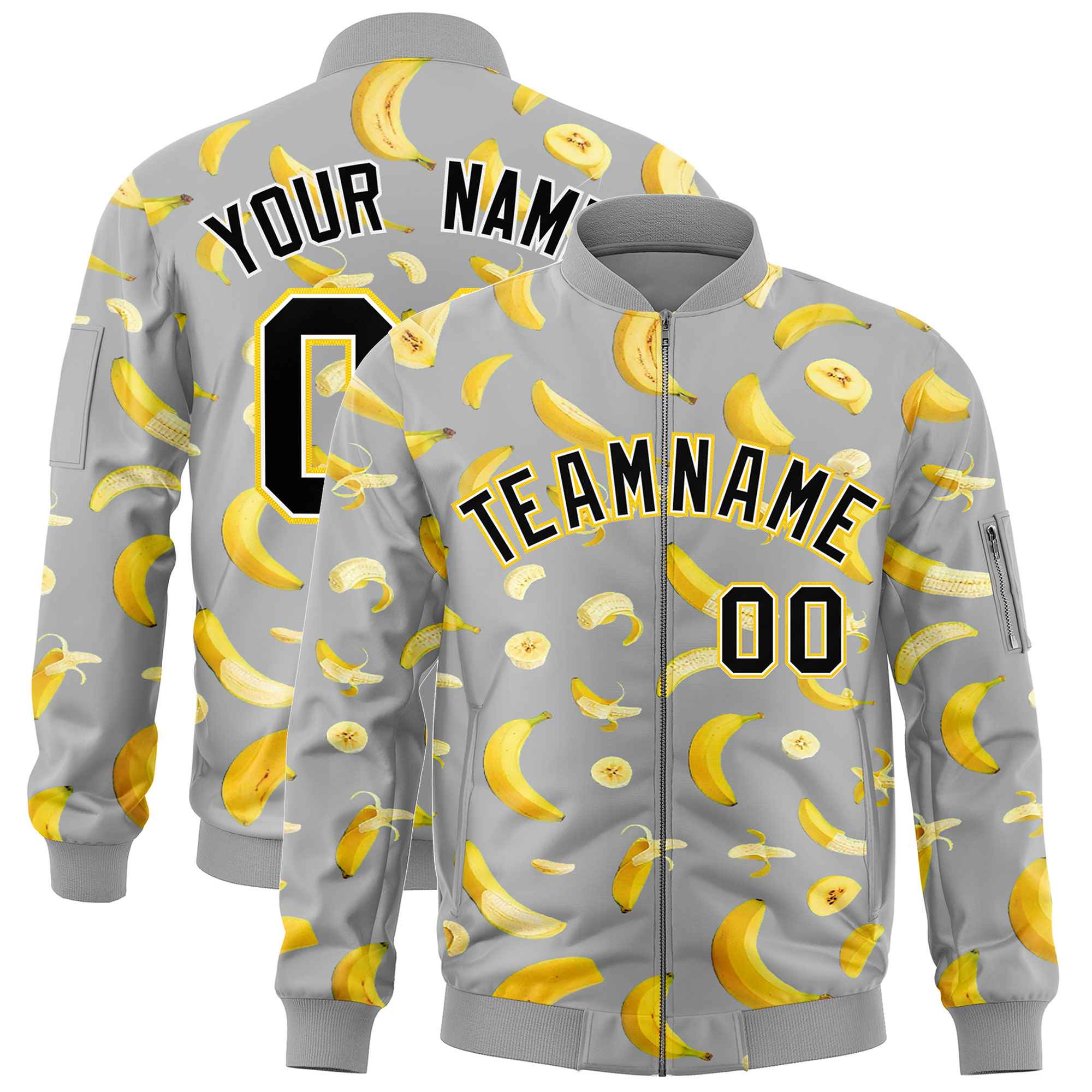 Custom Gray Varsity Full-Zip Banana Pattern Letterman Bomber Jacket | Graffiti Pattern | Embroidery&Dye-sublimation printing | KXKSHOP