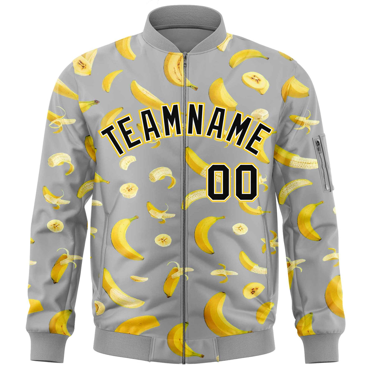 Custom Gray Varsity Full-Zip Banana Pattern Letterman Bomber Jacket | Graffiti Pattern | Embroidery&amp;Dye-sublimation printing | KXKSHOP