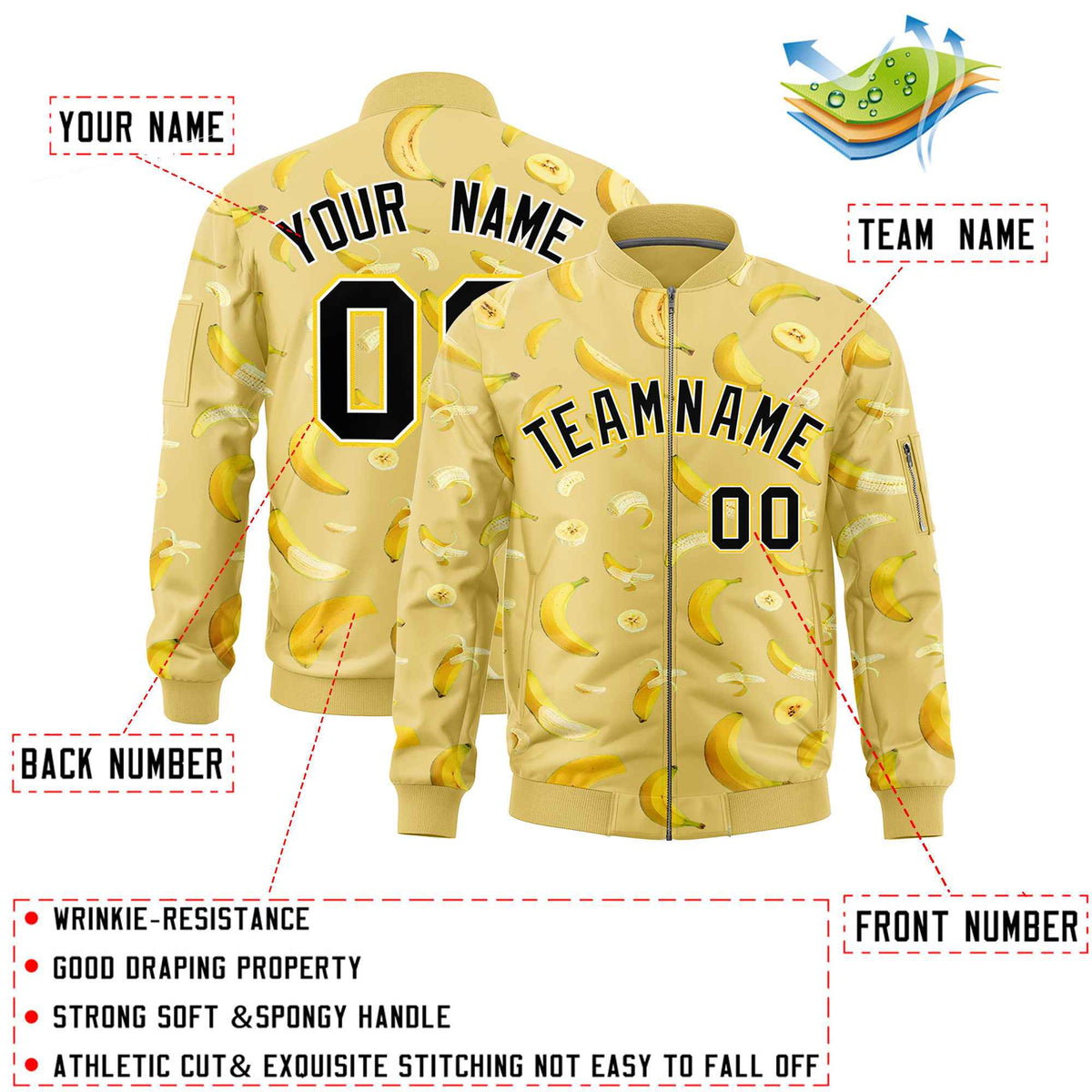 Custom Old Gold Varsity Full-Zip Banana Pattern Letterman Bomber Jacket | Graffiti Pattern | Embroidery&amp;Dye-sublimation printing | KXKSHOP