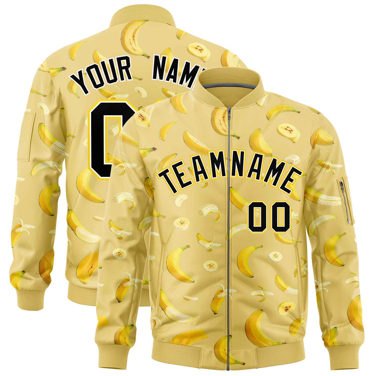 Custom Old Gold Varsity Full-Zip Banana Pattern Letterman Bomber Jacket | Graffiti Pattern | Embroidery&Dye-sublimation printing | KXKSHOP