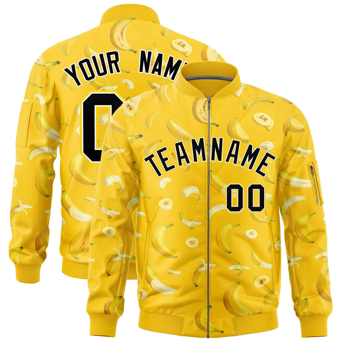 Custom Gold Varsity Full-Zip Banana Pattern Letterman Bomber Jacket | Graffiti Pattern | Embroidery&amp;Dye-sublimation printing | KXKSHOP