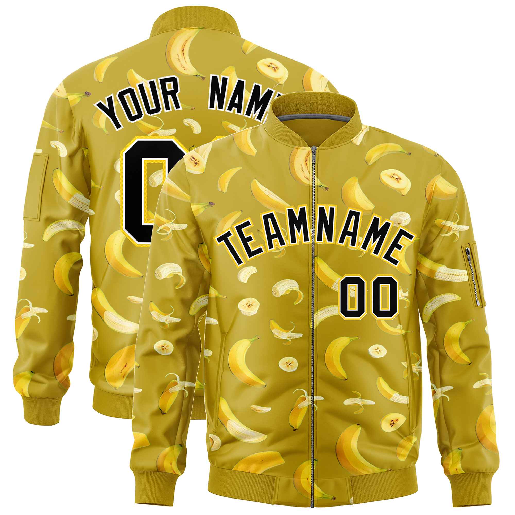 Custom Old Gold Varsity Full-Zip Banana Pattern Letterman Bomber Jacket | Graffiti Pattern | Embroidery&Dye-sublimation printing | KXKSHOP