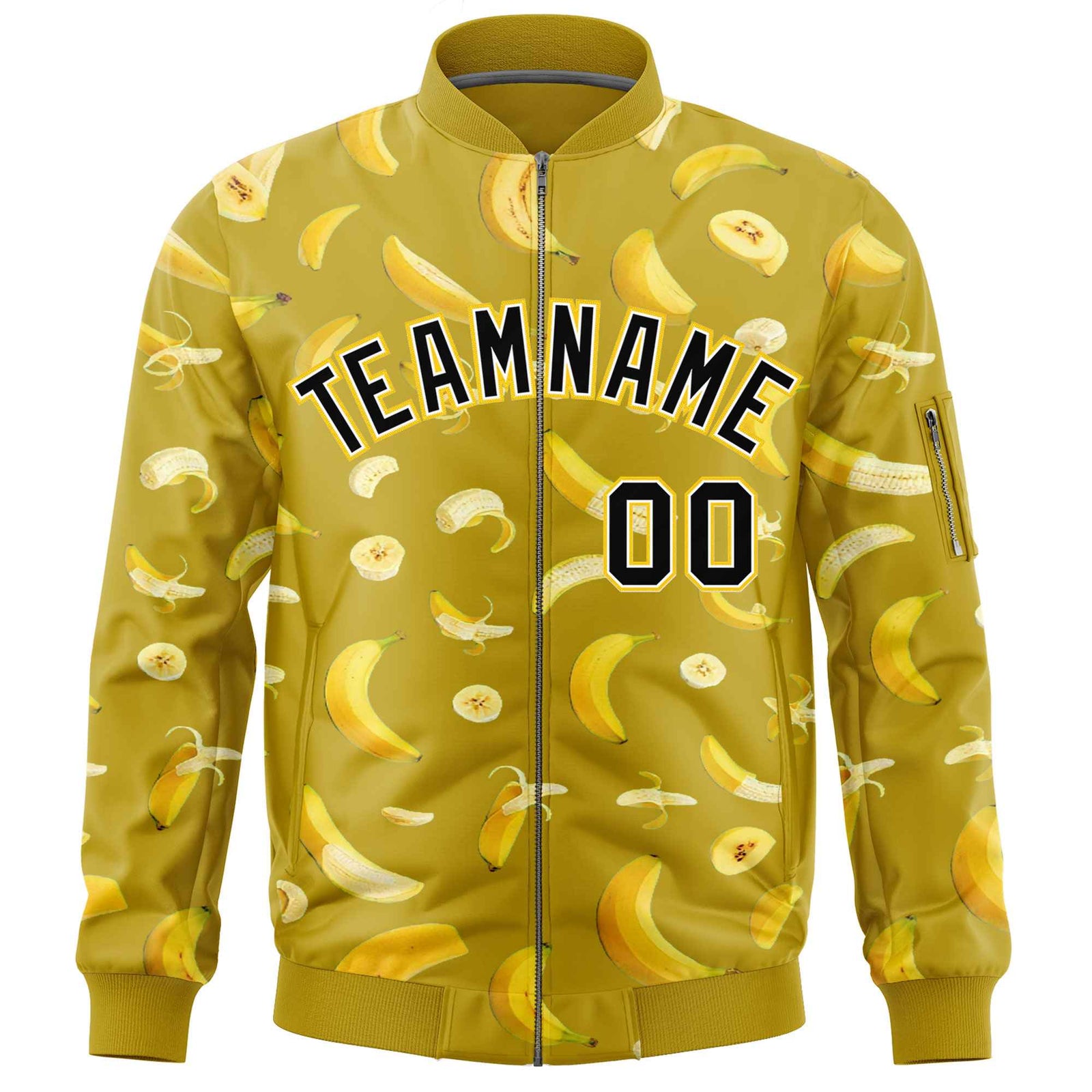 Custom Old Gold Varsity Full-Zip Banana Pattern Letterman Bomber Jacket | Graffiti Pattern | Embroidery&Dye-sublimation printing | KXKSHOP