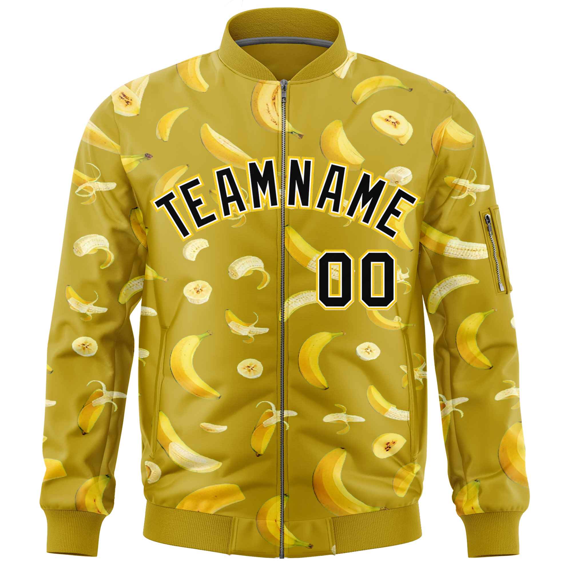 Custom Old Gold Varsity Full-Zip Banana Pattern Letterman Bomber Jacket | Graffiti Pattern | Embroidery&Dye-sublimation printing | KXKSHOP