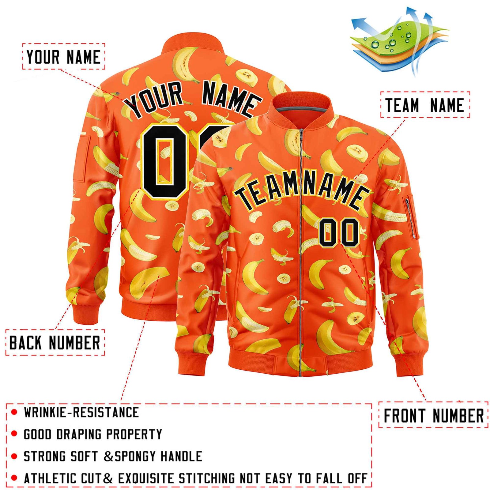 Custom Orange Varsity Full-Zip Banana Pattern Letterman Bomber Jacket | Graffiti Pattern | Embroidery&Dye-sublimation printing | KXKSHOP