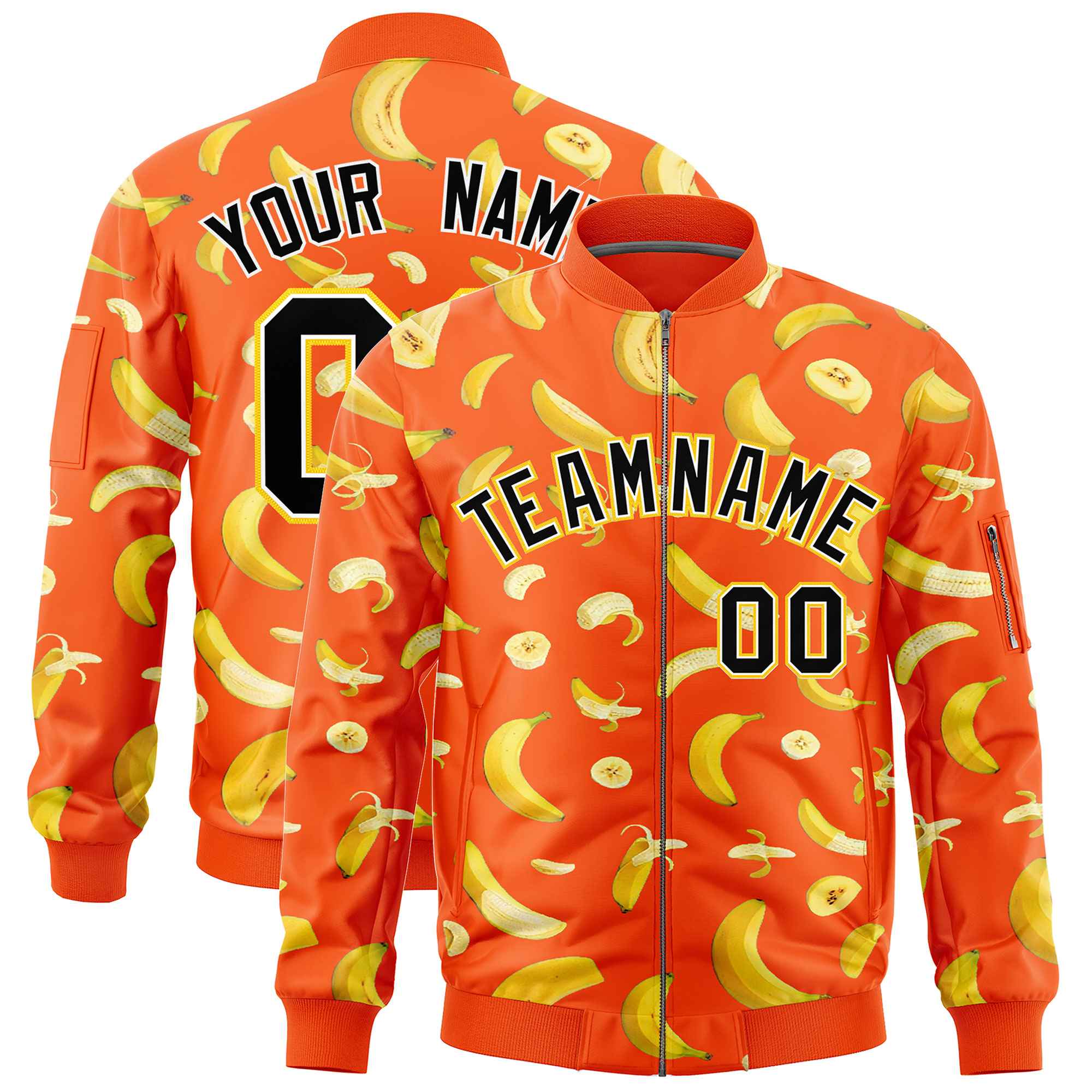 Custom Orange Varsity Full-Zip Banana Pattern Letterman Bomber Jacket | Graffiti Pattern | Embroidery&Dye-sublimation printing | KXKSHOP