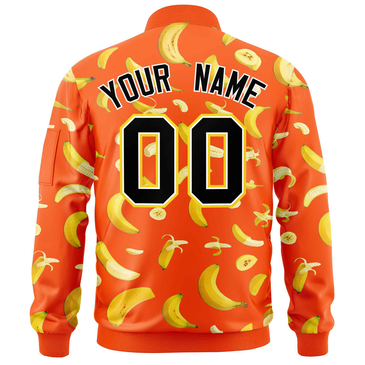 Custom Orange Varsity Full-Zip Banana Pattern Letterman Bomber Jacket | Graffiti Pattern | Embroidery&amp;Dye-sublimation printing | KXKSHOP