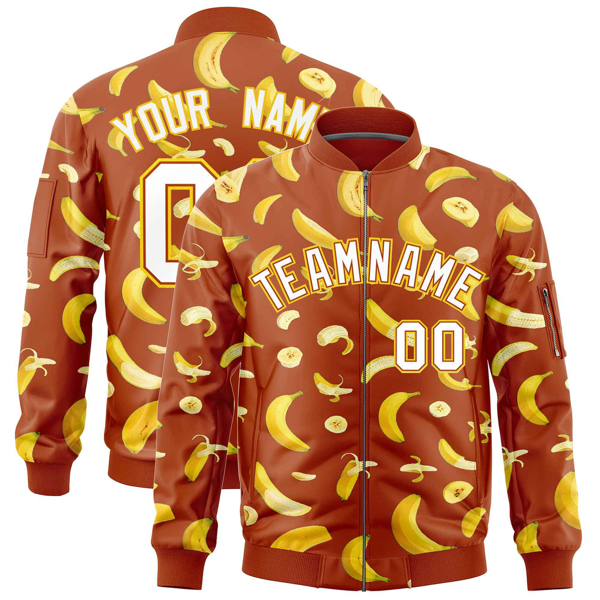 Custom Dark Orange Varsity Full-Zip Banana Pattern Letterman Bomber Jacket | Graffiti Pattern | Embroidery&amp;Dye-sublimation printing | KXKSHOP