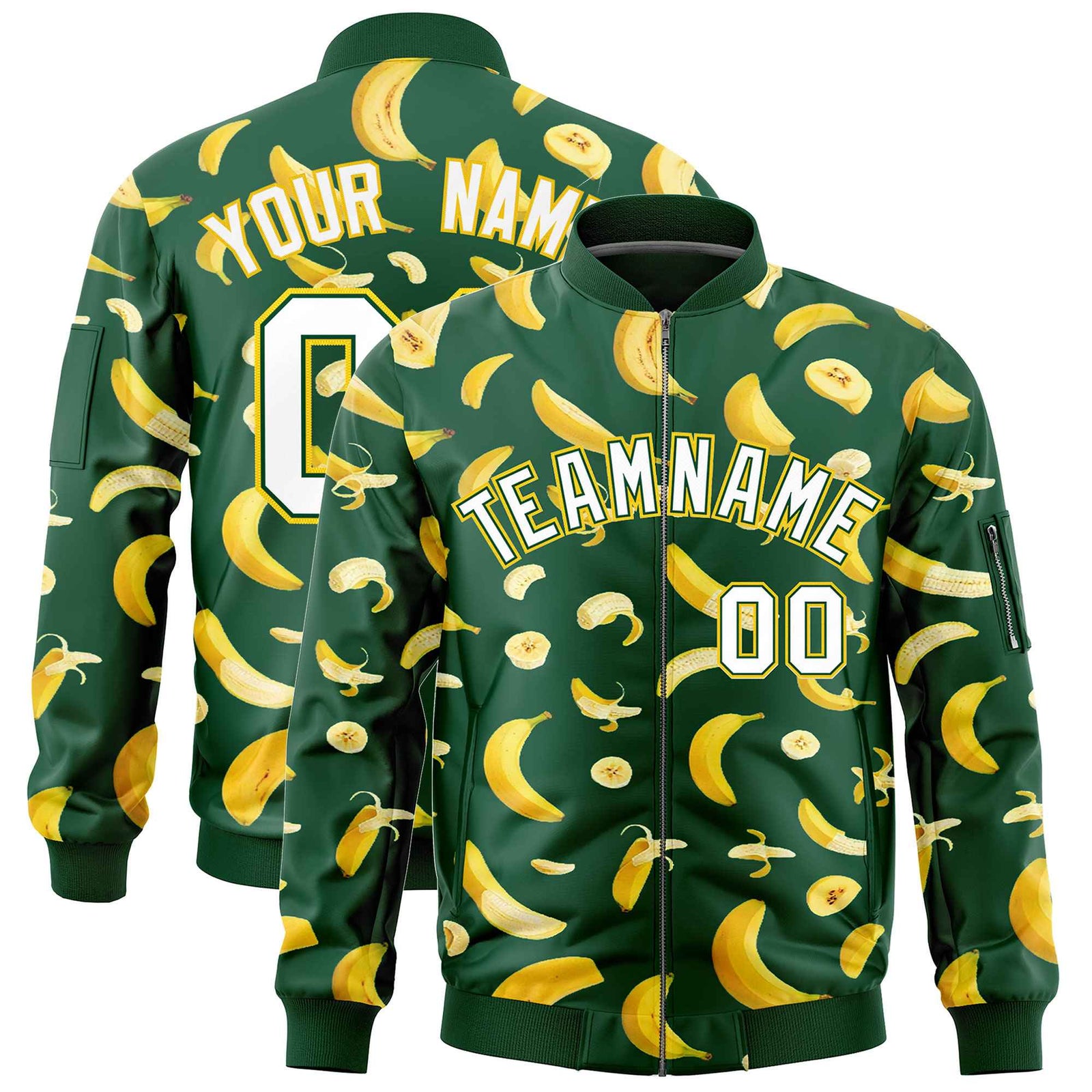 Custom Green Varsity Full-Zip Banana Pattern Letterman Bomber Jacket | Graffiti Pattern | Embroidery&Dye-sublimation printing | KXKSHOP