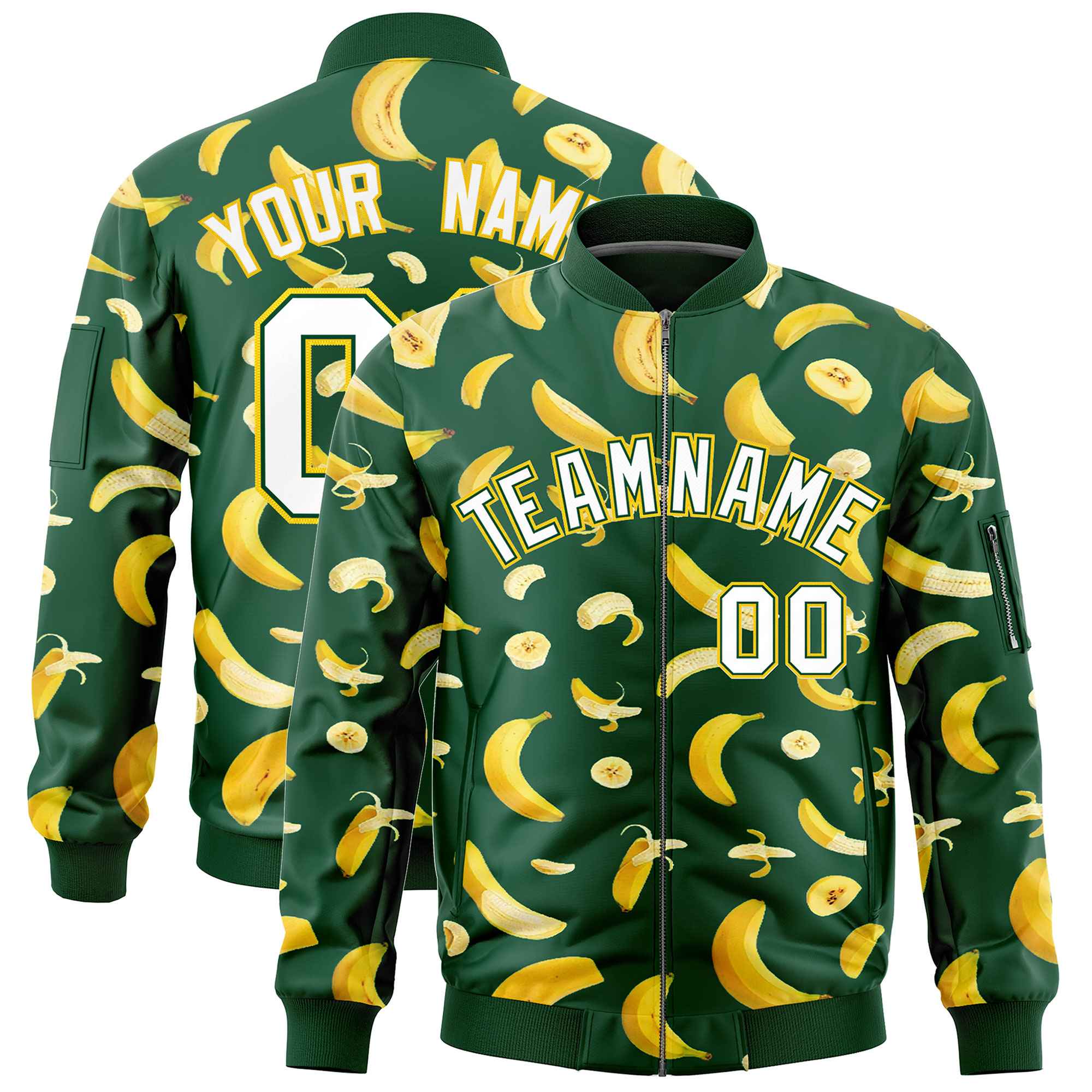 Custom Green Varsity Full-Zip Banana Pattern Letterman Bomber Jacket | Graffiti Pattern | Embroidery&Dye-sublimation printing | KXKSHOP