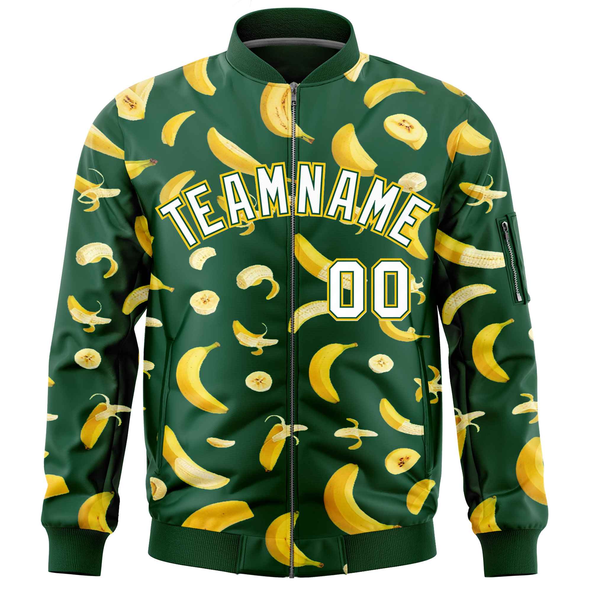 Custom Green Varsity Full-Zip Banana Pattern Letterman Bomber Jacket | Graffiti Pattern | Embroidery&Dye-sublimation printing | KXKSHOP