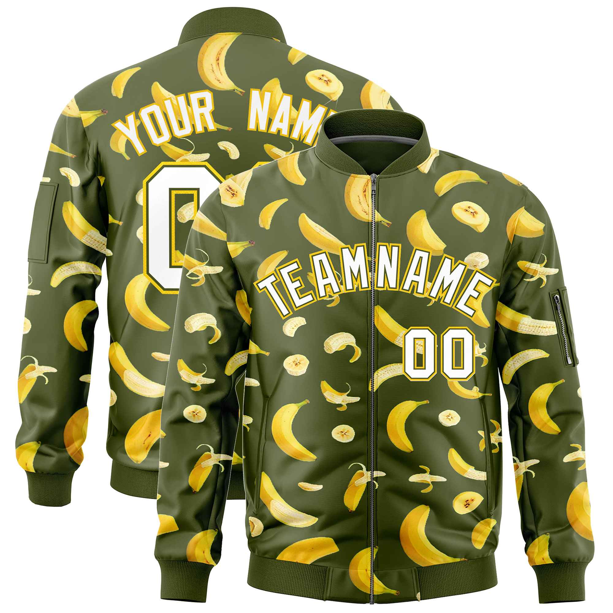 Custom Olive Varsity Full-Zip Banana Pattern Letterman Bomber Jacket | Graffiti Pattern | Embroidery&Dye-sublimation printing | KXKSHOP