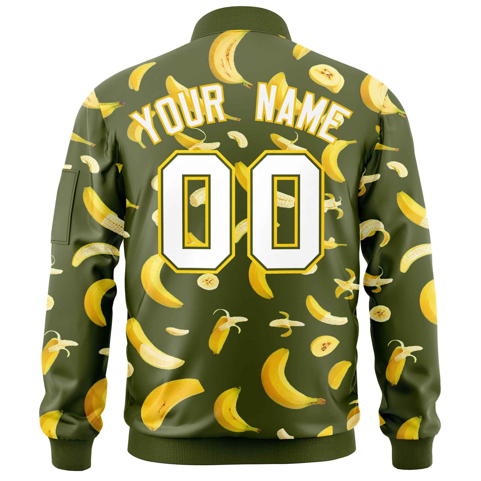 Custom Olive Varsity Full-Zip Banana Pattern Letterman Bomber Jacket | Graffiti Pattern | Embroidery&Dye-sublimation printing | KXKSHOP