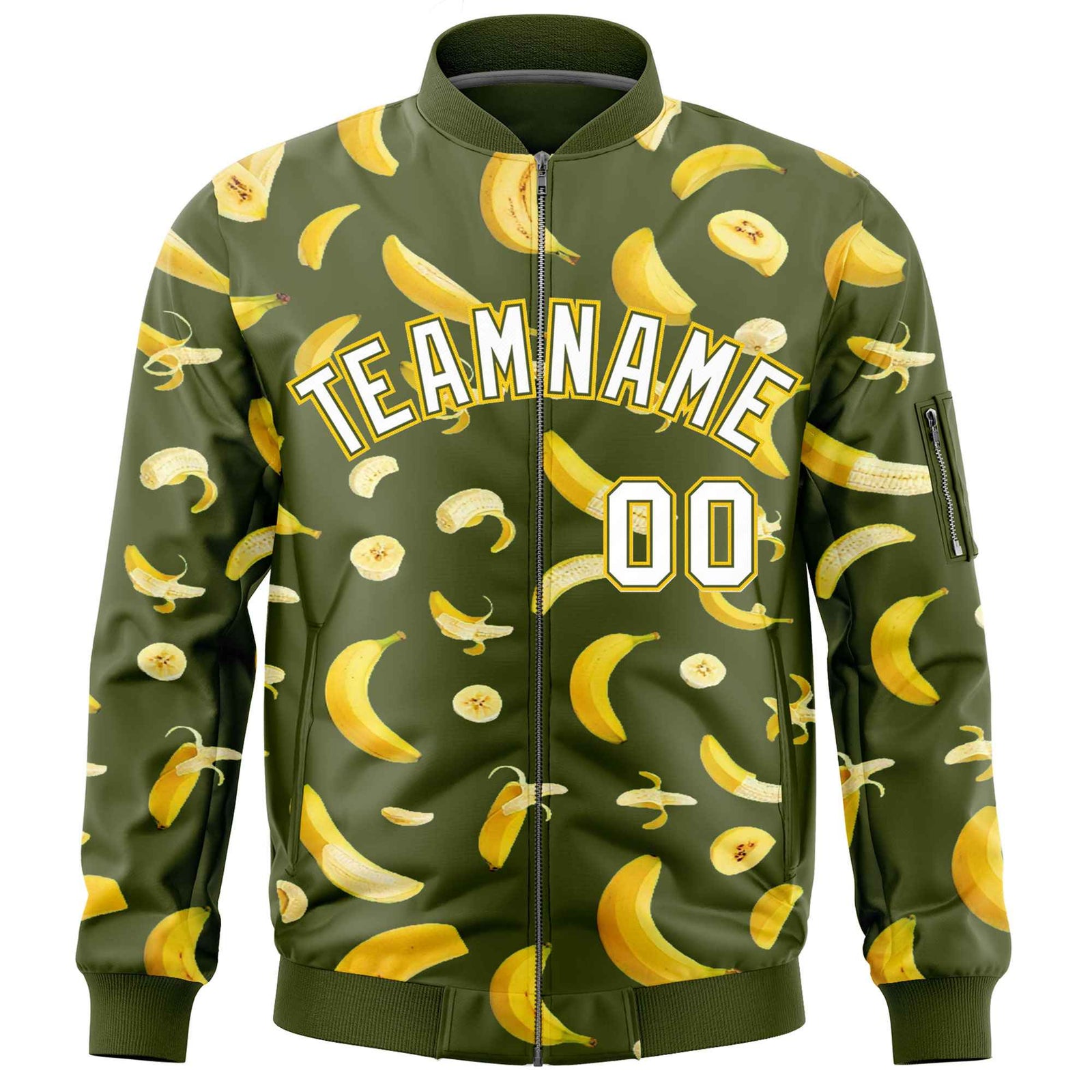 Custom Olive Varsity Full-Zip Banana Pattern Letterman Bomber Jacket | Graffiti Pattern | Embroidery&Dye-sublimation printing | KXKSHOP