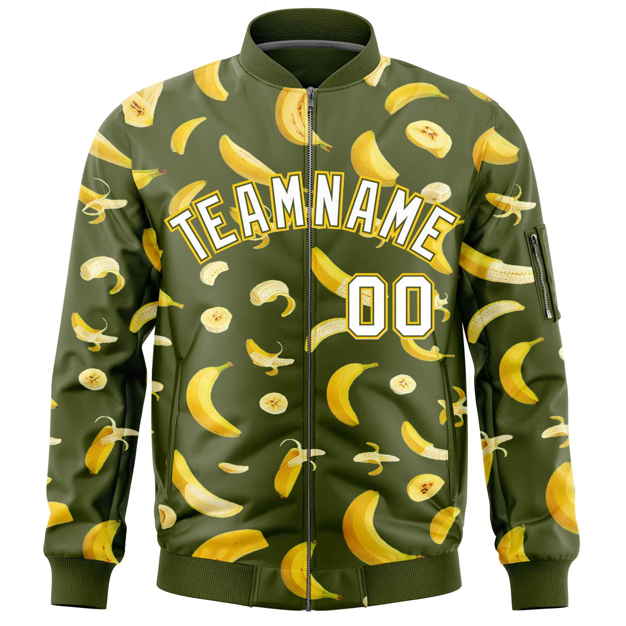 Custom Olive Varsity Full-Zip Banana Pattern Letterman Bomber Jacket | Graffiti Pattern | Embroidery&Dye-sublimation printing | KXKSHOP