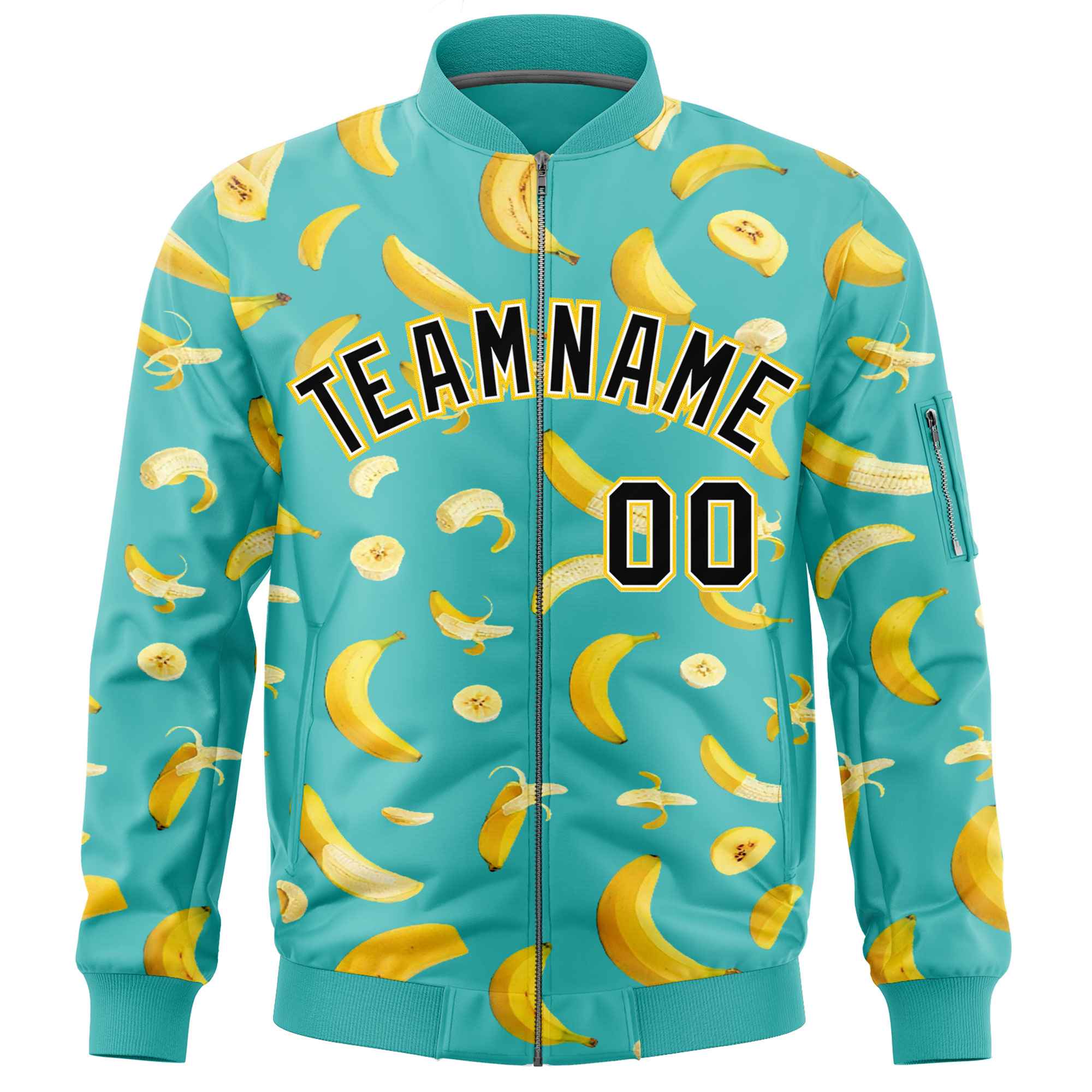 Custom Teal Varsity Full-Zip Banana Pattern Letterman Bomber Jacket | Graffiti Pattern | Embroidery&Dye-sublimation printing | KXKSHOP