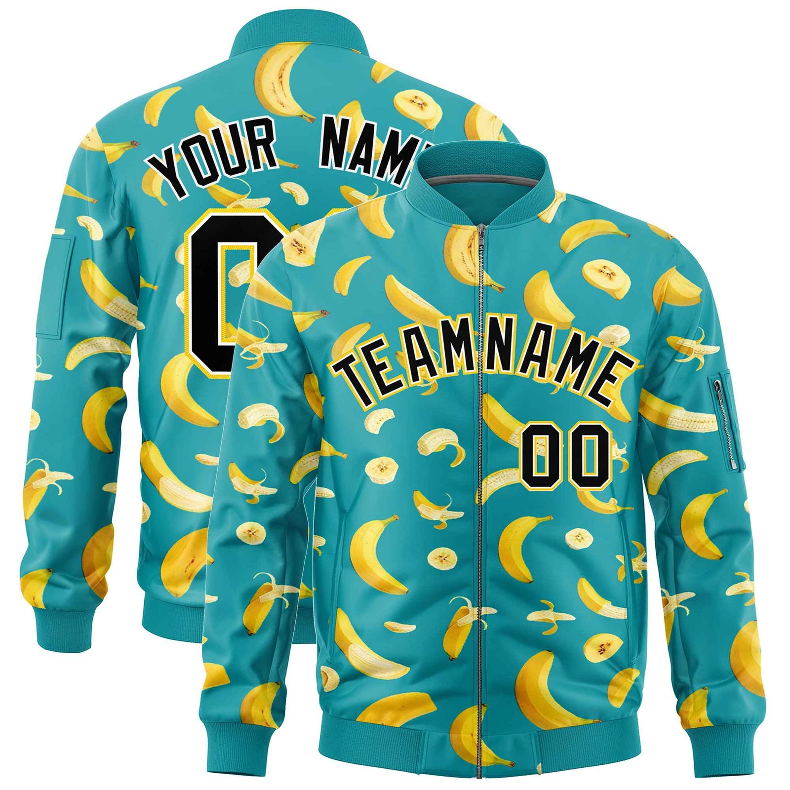 Custom Aqua Varsity Full-Zip Banana Pattern Letterman Bomber Jacket | Graffiti Pattern | Embroidery&Dye-sublimation printing | KXKSHOP