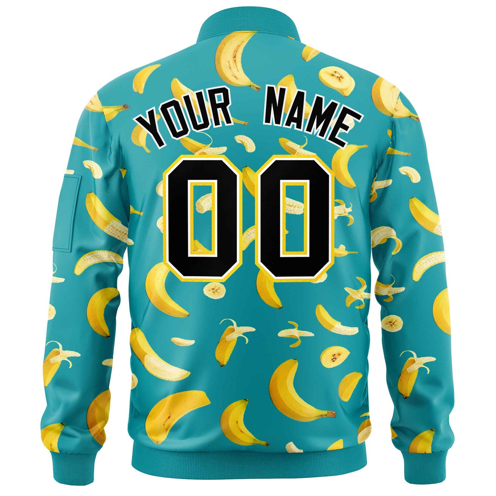 Custom Aqua Varsity Full-Zip Banana Pattern Letterman Bomber Jacket | Graffiti Pattern | Embroidery&Dye-sublimation printing | KXKSHOP