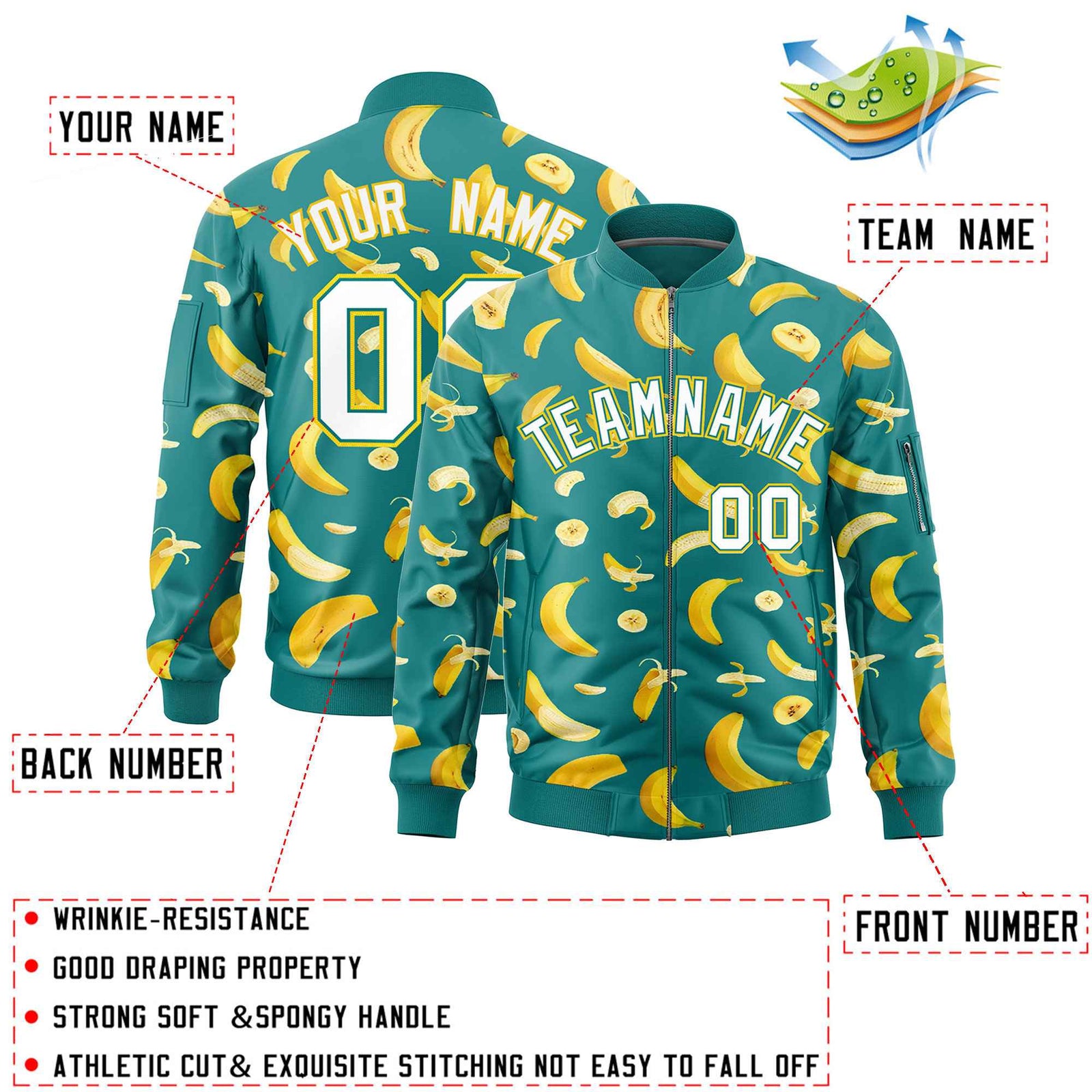 Custom Teal Varsity Full-Zip Banana Pattern Letterman Bomber Jacket | Graffiti Pattern | Embroidery&Dye-sublimation printing | KXKSHOP