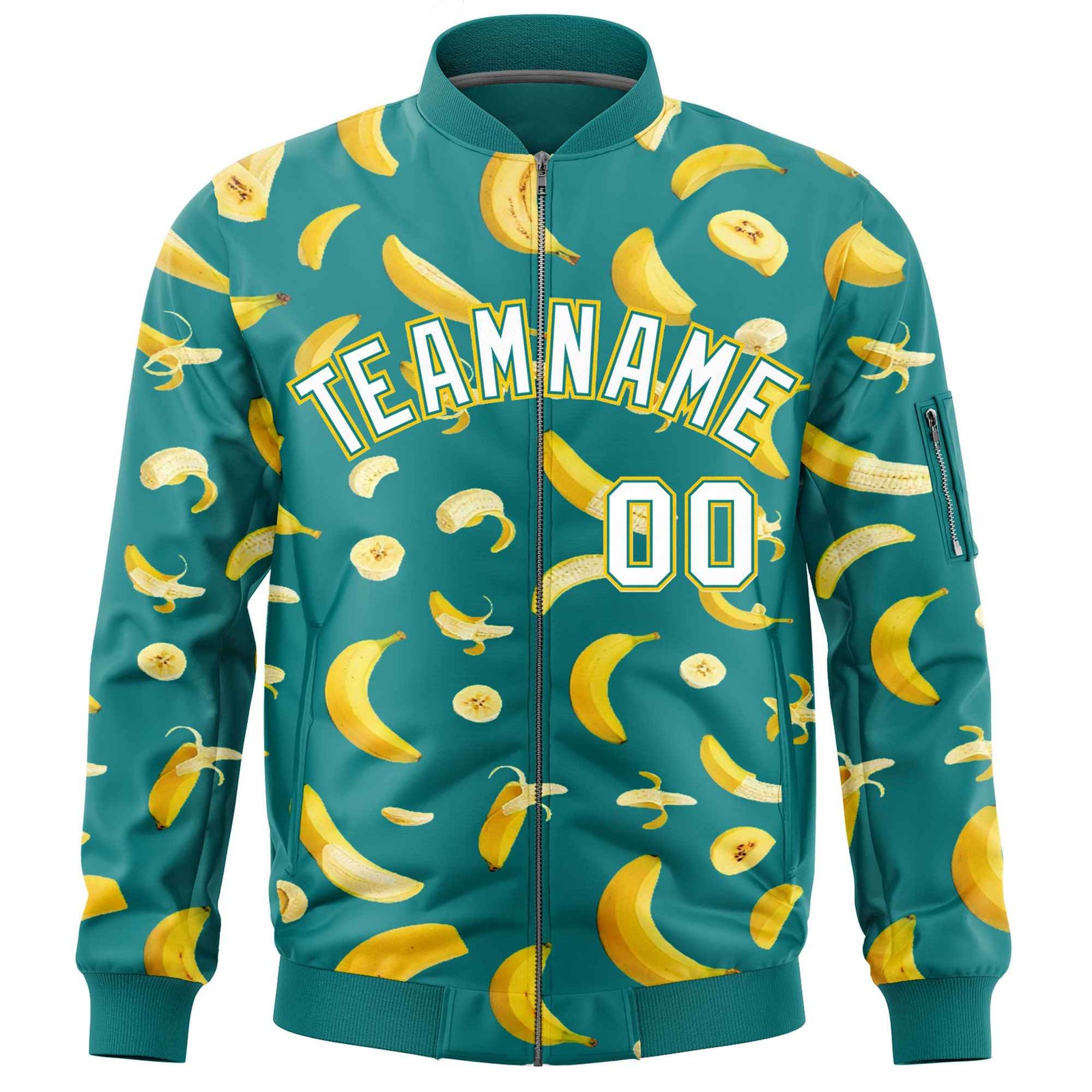 Custom Teal Varsity Full-Zip Banana Pattern Letterman Bomber Jacket | Graffiti Pattern | Embroidery&Dye-sublimation printing | KXKSHOP