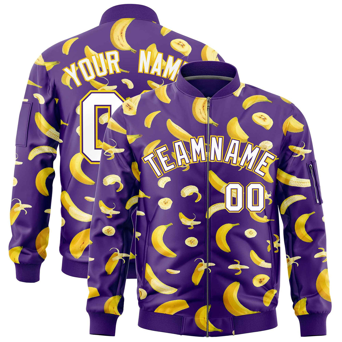 Custom Purple Varsity Full-Zip Banana Pattern Letterman Bomber Jacket | Graffiti Pattern | Embroidery&amp;Dye-sublimation printing | KXKSHOP